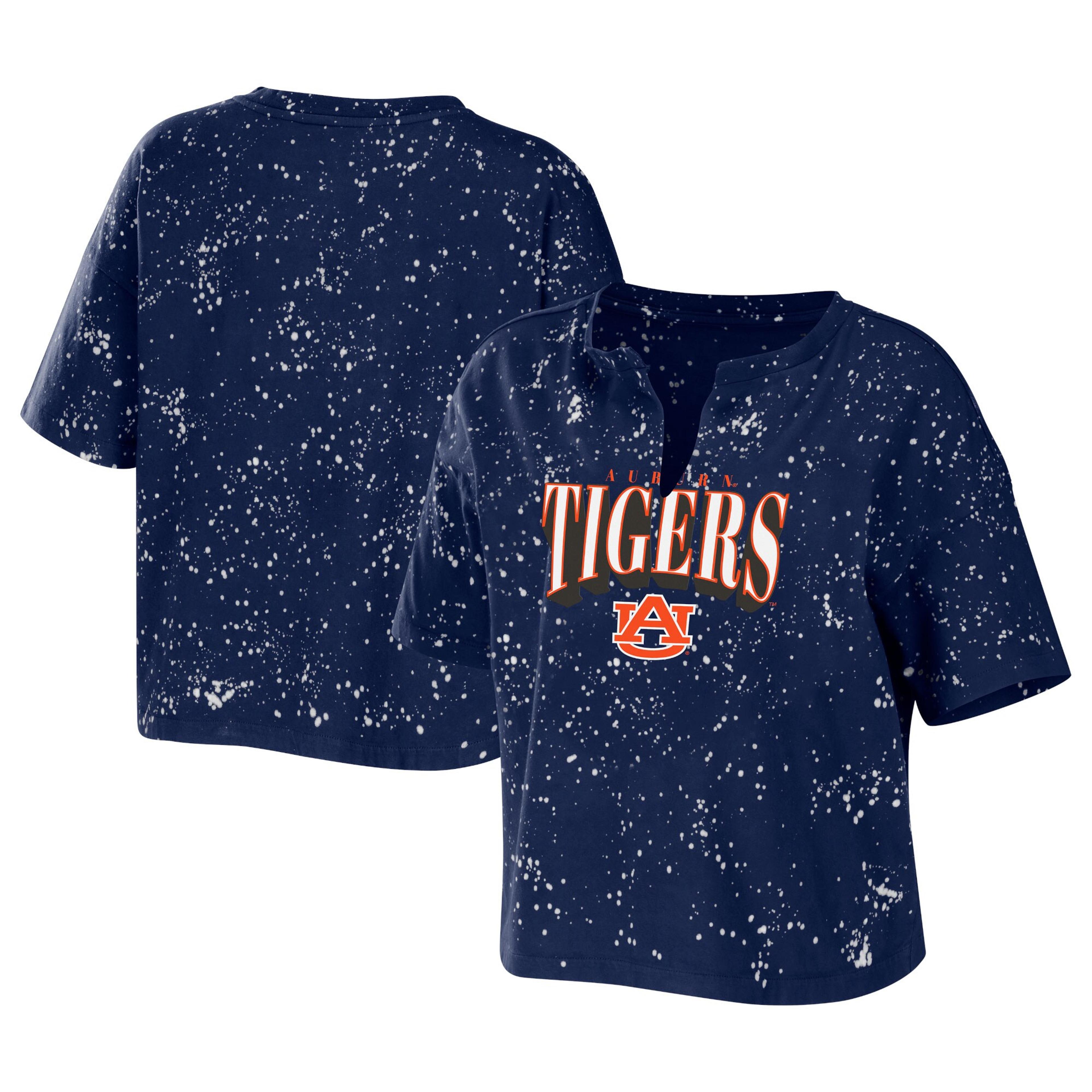 Auburn Tigers WEAR by Erin Andrews Women's Bleach Wash Splatter Notch Neck T-Shirt - Navy