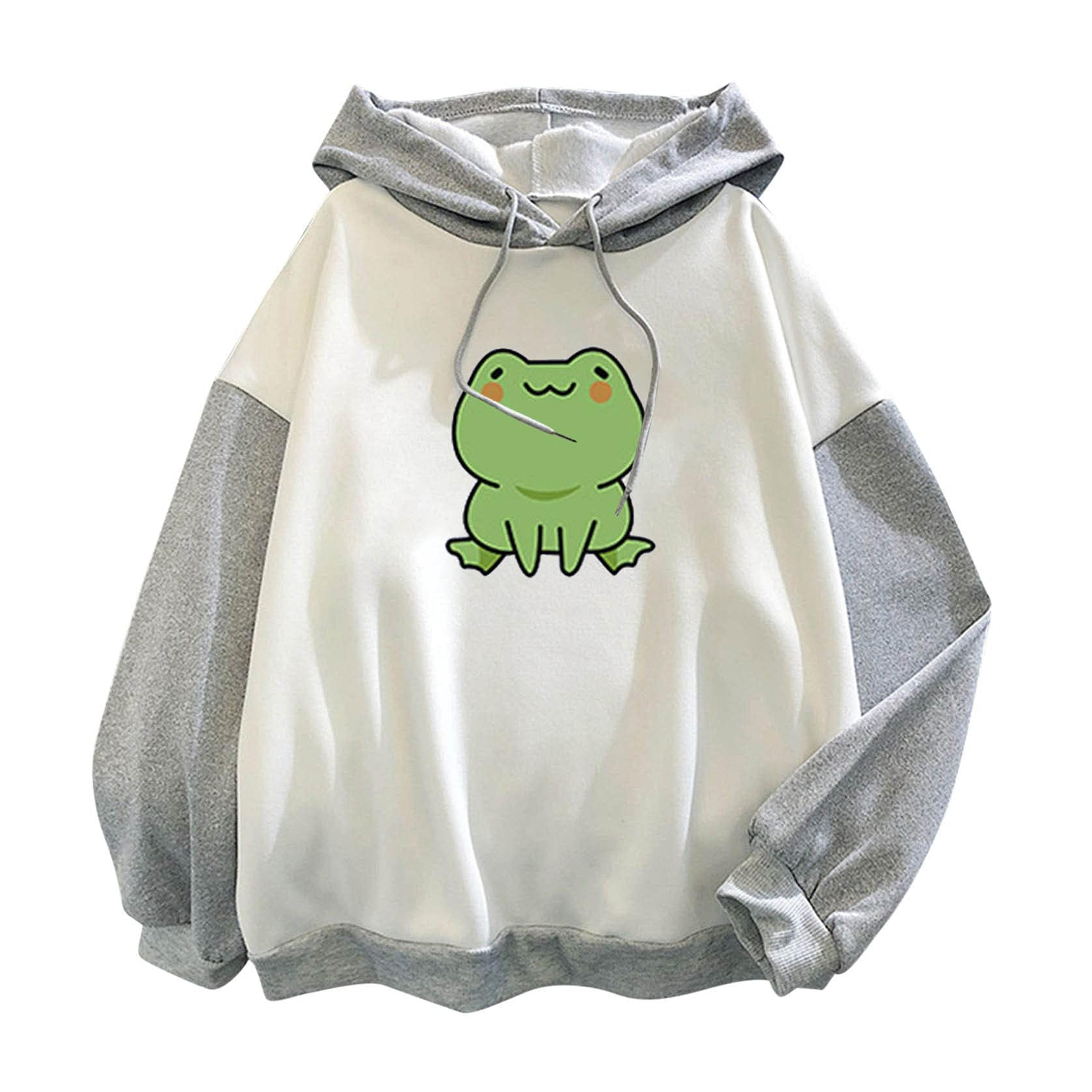 Kamendita Women's Hoodies Frog Print Sweatshirt Long Sleeve Splice Tops Cartoon Cute Hoodies Teens Girls Casual Pullover Top Gray