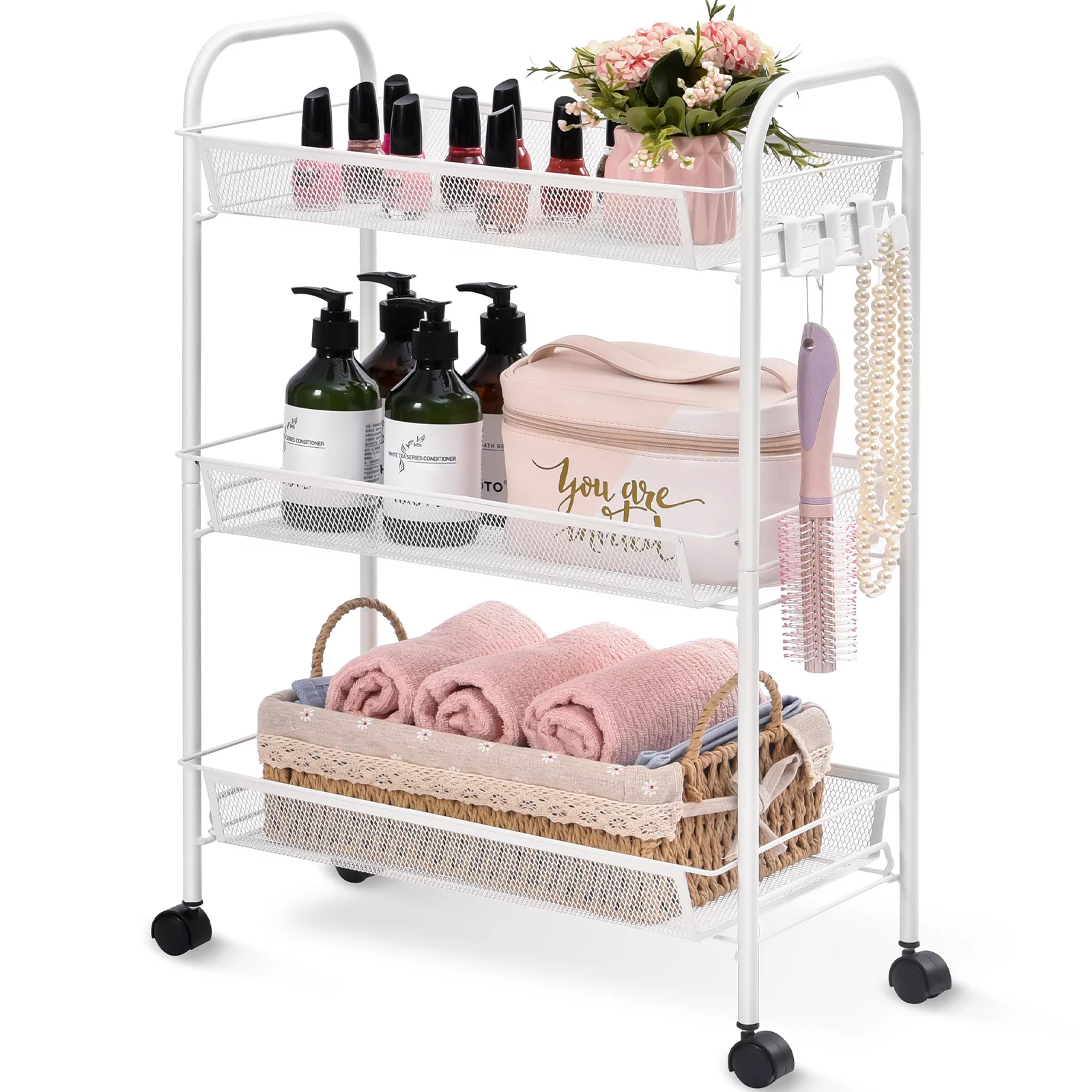 Kingrack 3 Tier Rolling Cart Organizer, Mesh Rolling Storage Cart with Wheels, Utility Cart for Office,Kitchen, Bedroom, Bathroom, Laundry Room,White