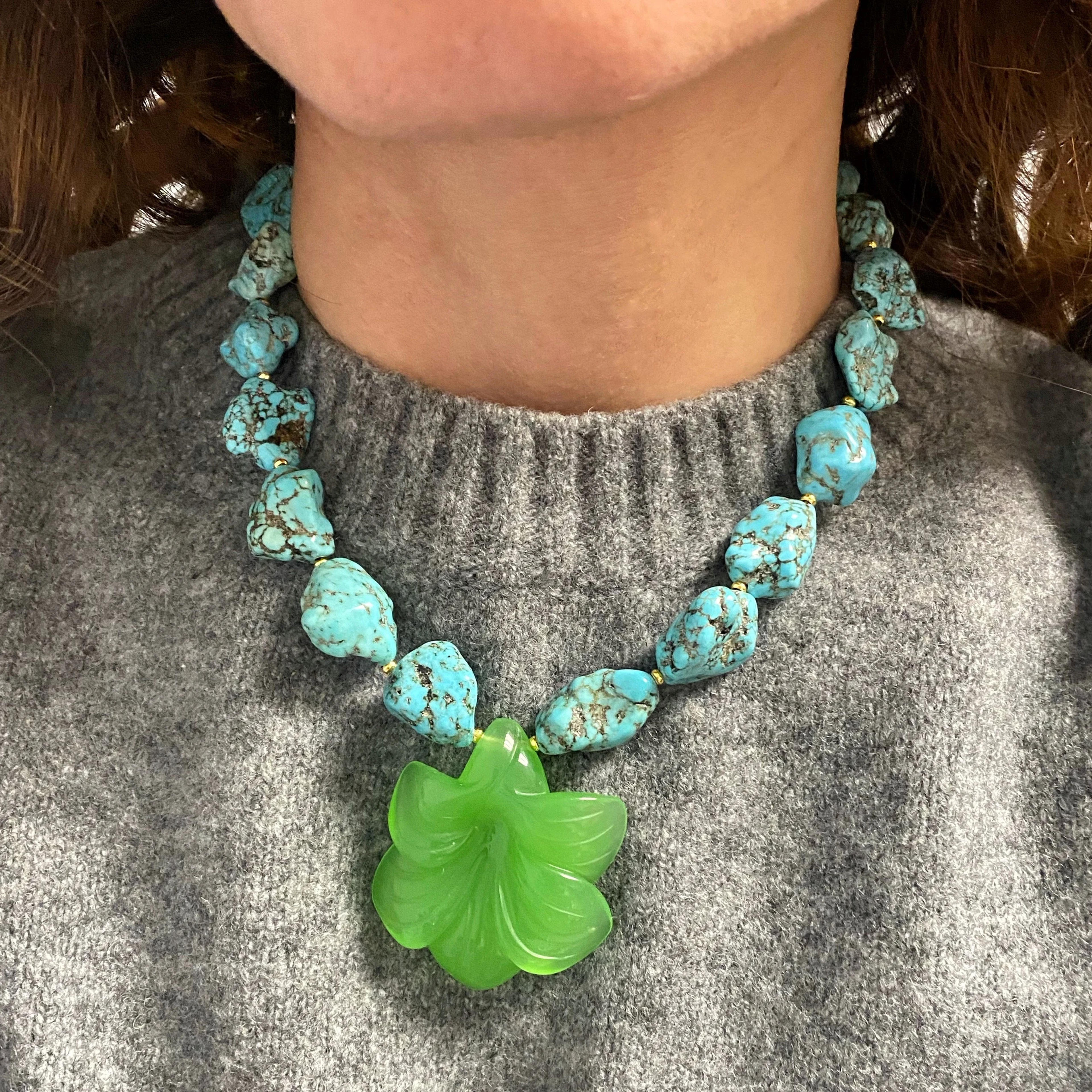 Turquoise Color Necklace, Howlite Stones Necklace, Blue Green Necklace, Green Flower Pendant Necklace, Colorful Necklace, Summer Jewelry - Etsy