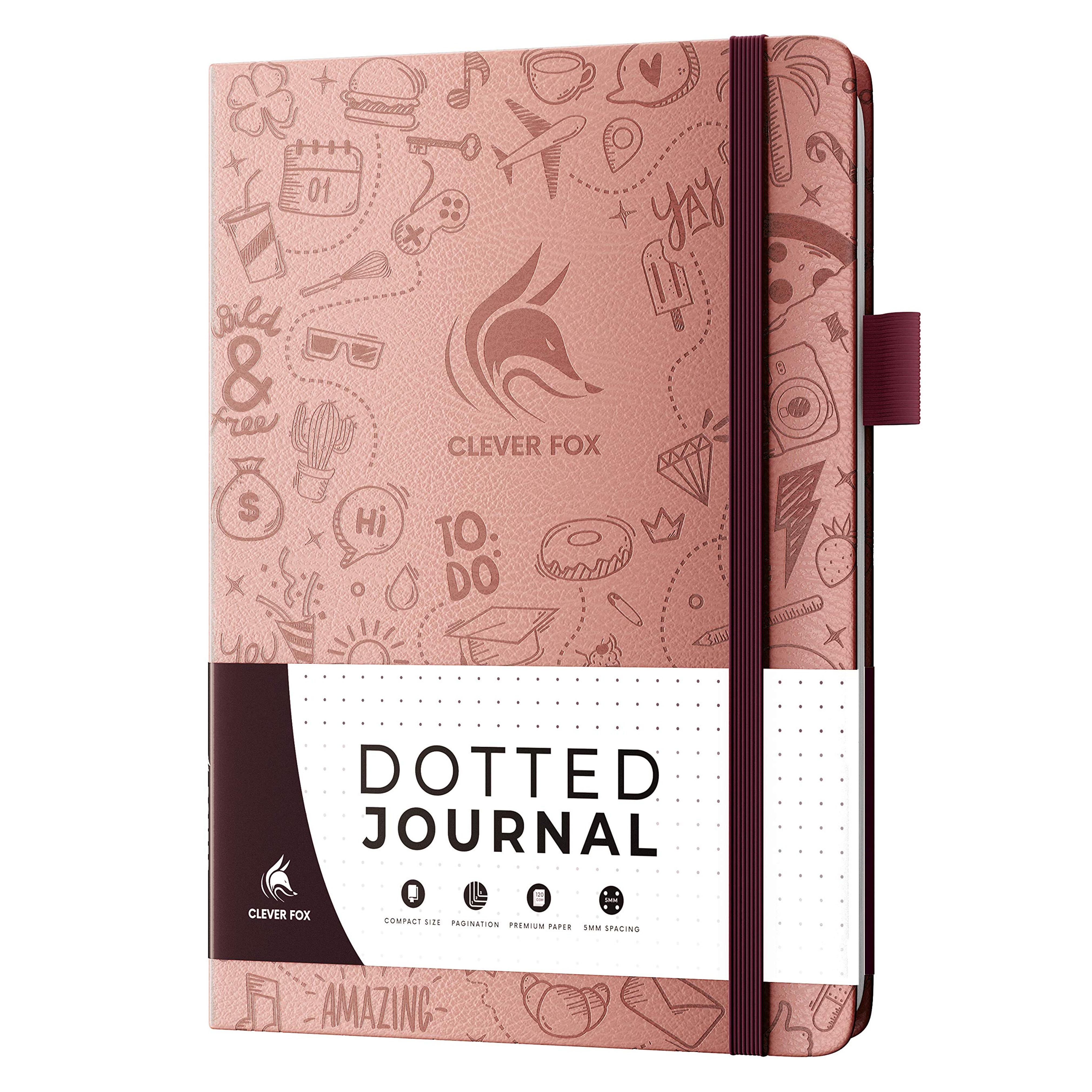 Clever Fox Dotted Journal 2.0 – Compact Planning and Sketching Dot Grid Notebook 120 GSM Thick, No-Bleed Paper – Planner with Pen Loop, Pocket, Ribbons, Stickers A5 - Rose Gold