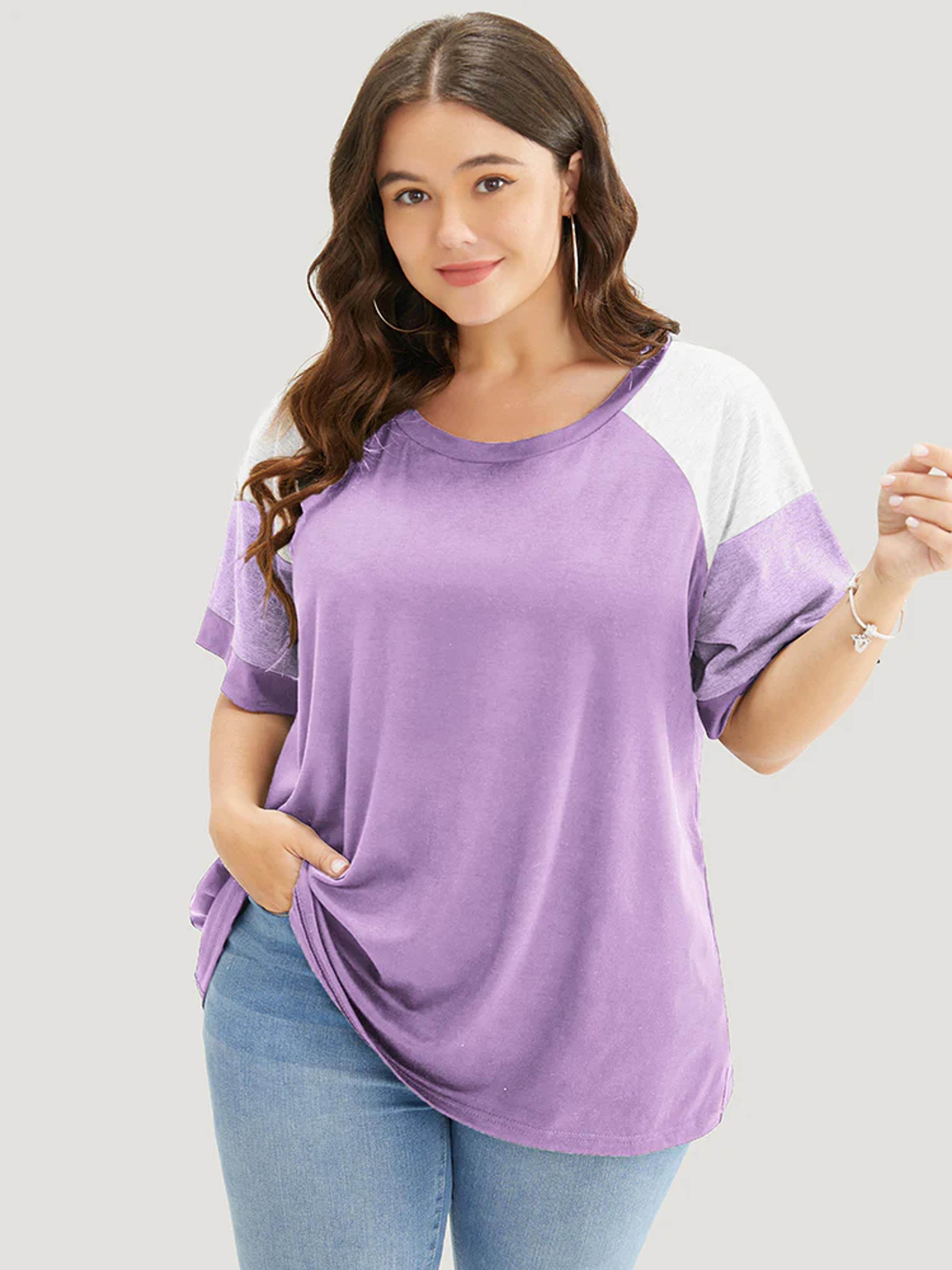 Colorblock Contrast Crew Neck Raglan Sleeve T-shirt - Lilac / 18-20/2X