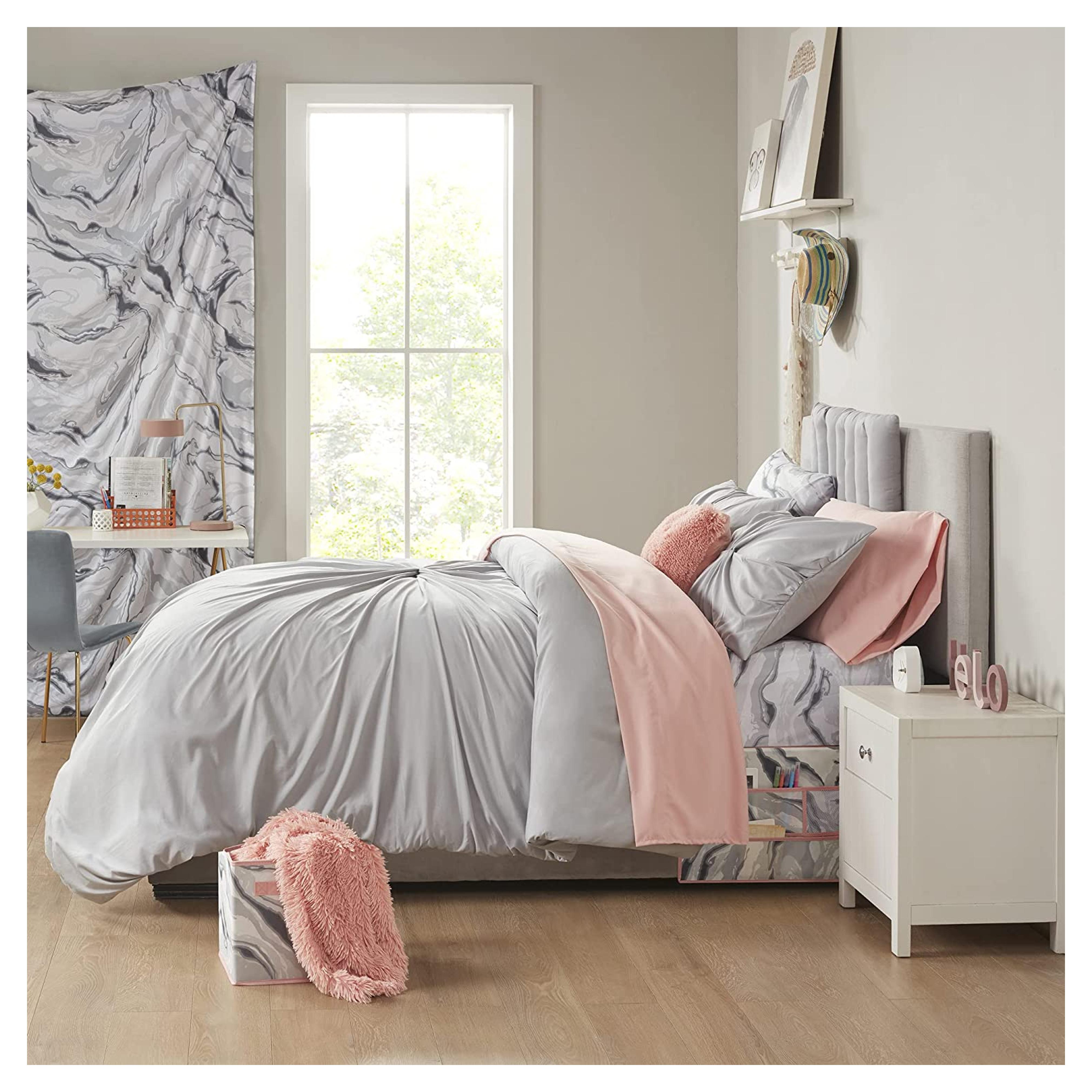 Comfort Spaces Dorm Room Comforter Set - College Essentials, Complete Dormitory Bedroom Pack And Sheet with 2 Side Pockets, Queen Madelyn, Grey 17 Piece