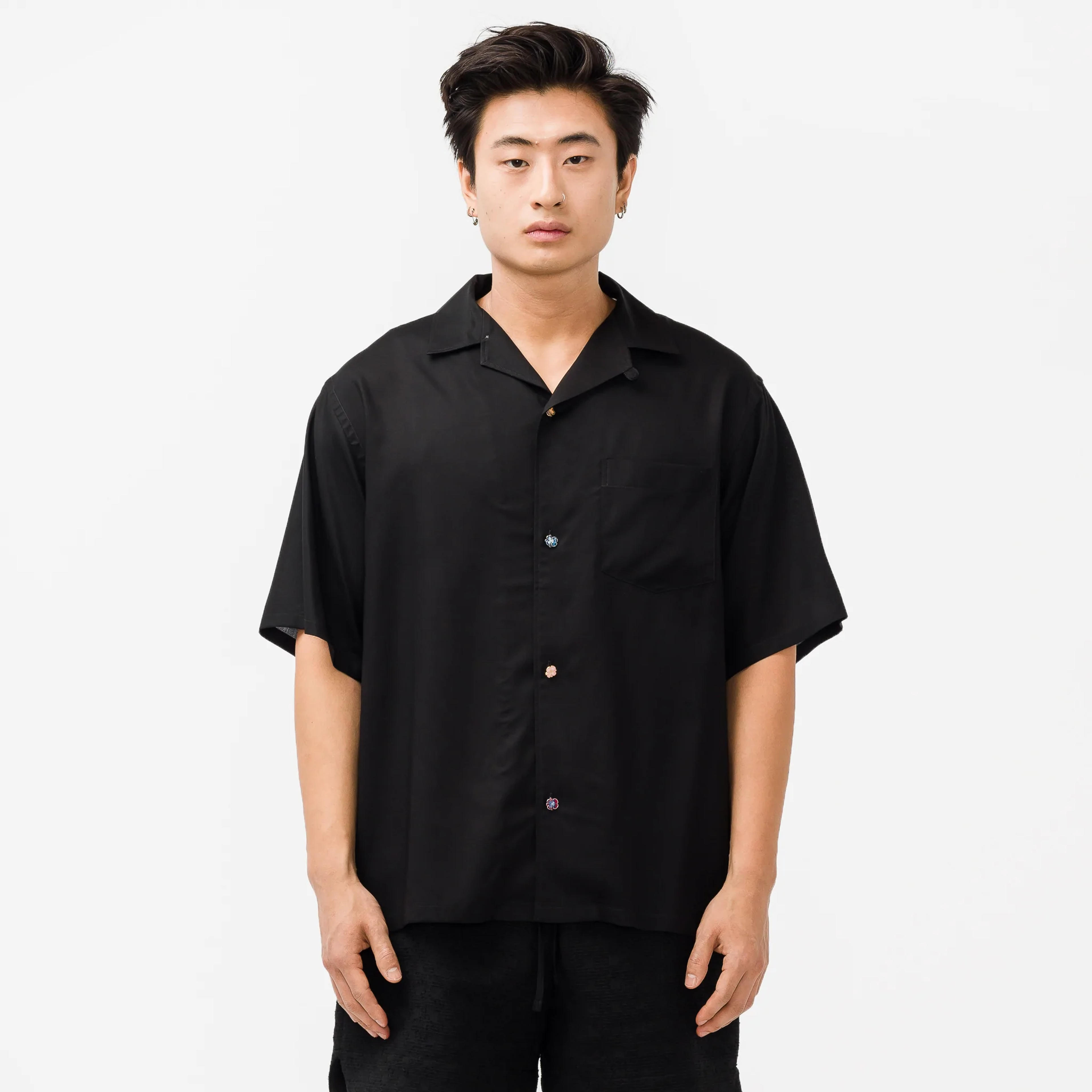 Wide Camp Shirt in Black Spun Rayon - XL / Black Spun Rayon