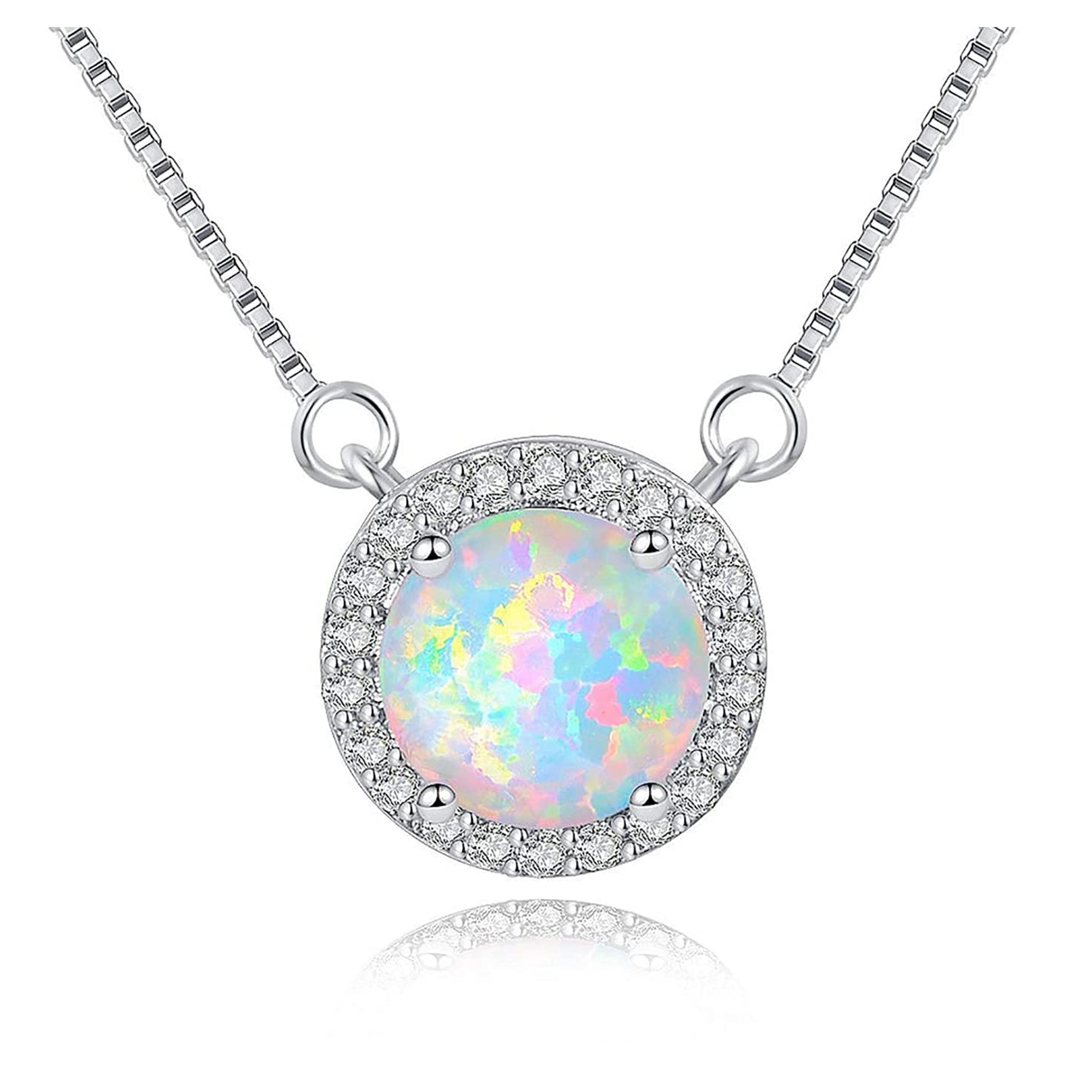 VOLUKA Round Opal Necklace, 18K White Gold Plated Necklace for Girls, Women Necklace Pendant, Cubic Zirconia Pendant Necklace October Birthstone Jewelry Gift