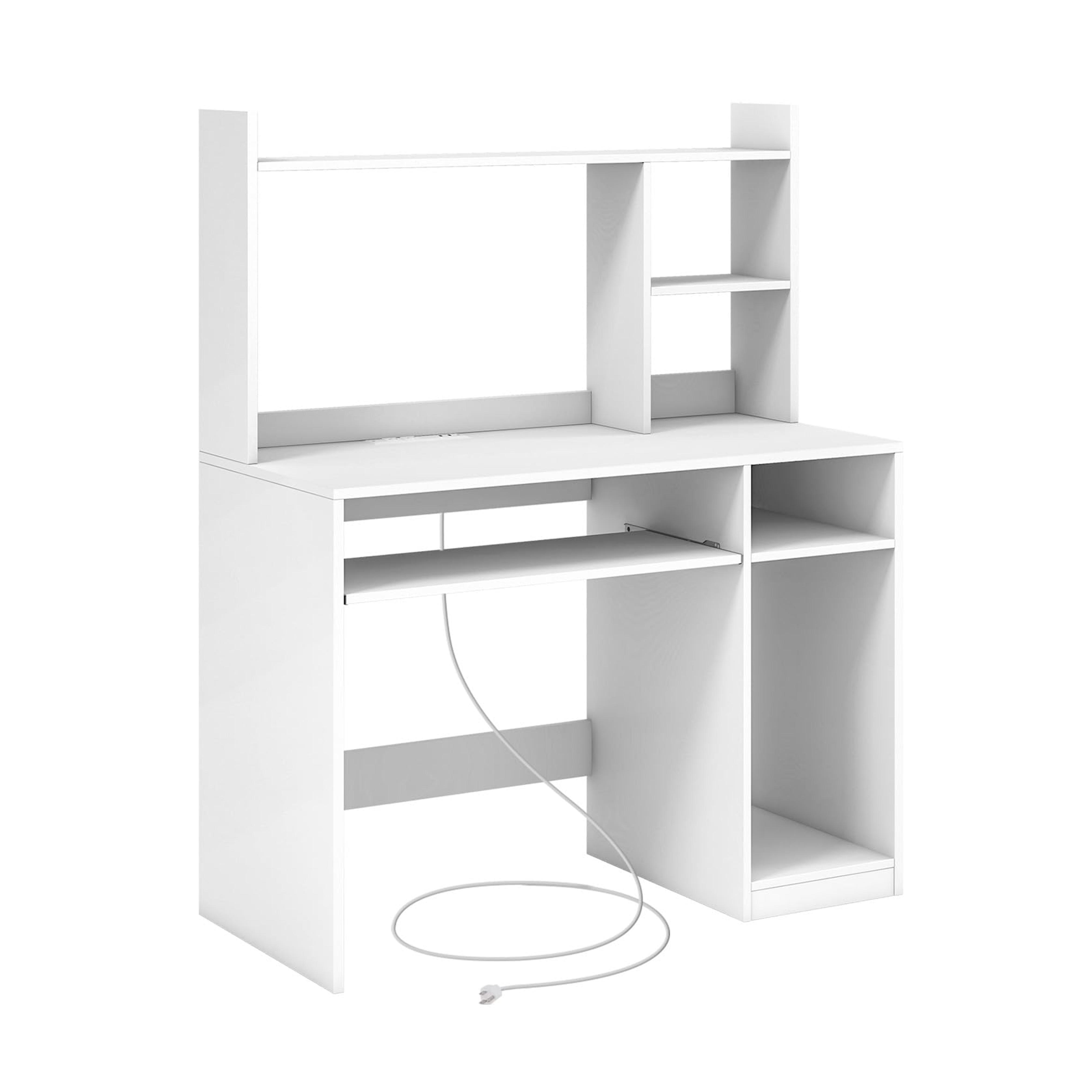 IFANNY White Computer Desk with Hutch, Wood PC Desk w/Power Outlet, Keyboard Tray and CPU Stand, Modern Writing Desk with Bookshelf, Student Desk for Bedroom, Simple Work Desk for Home Office