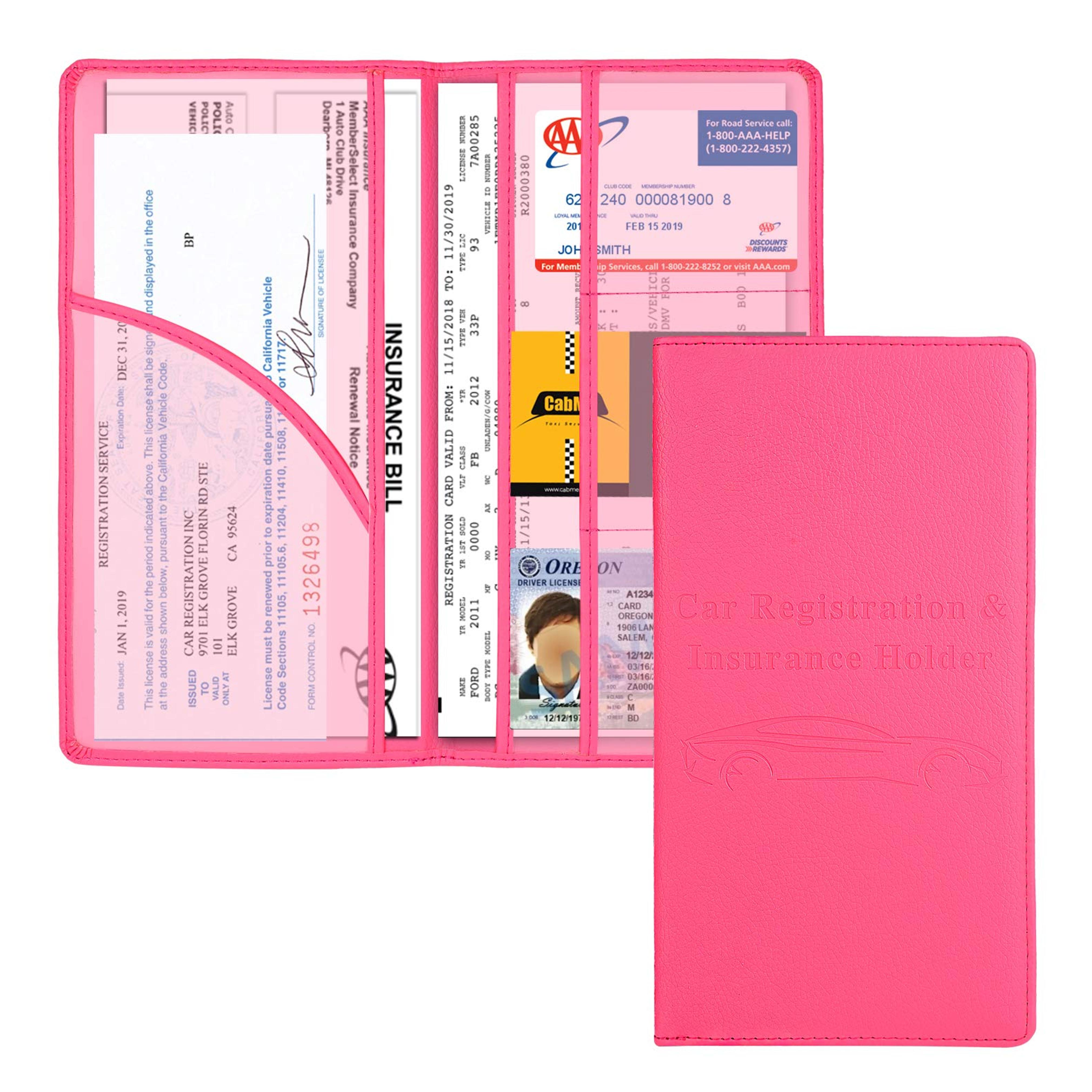 Cacturism Car Registration and Insurance Holder, Car Accessories Vehicle Glove Box Car Organizer Women Wallet Case with Magnetic Shut for Cards, Essential Document, Driver License, Hot Pink