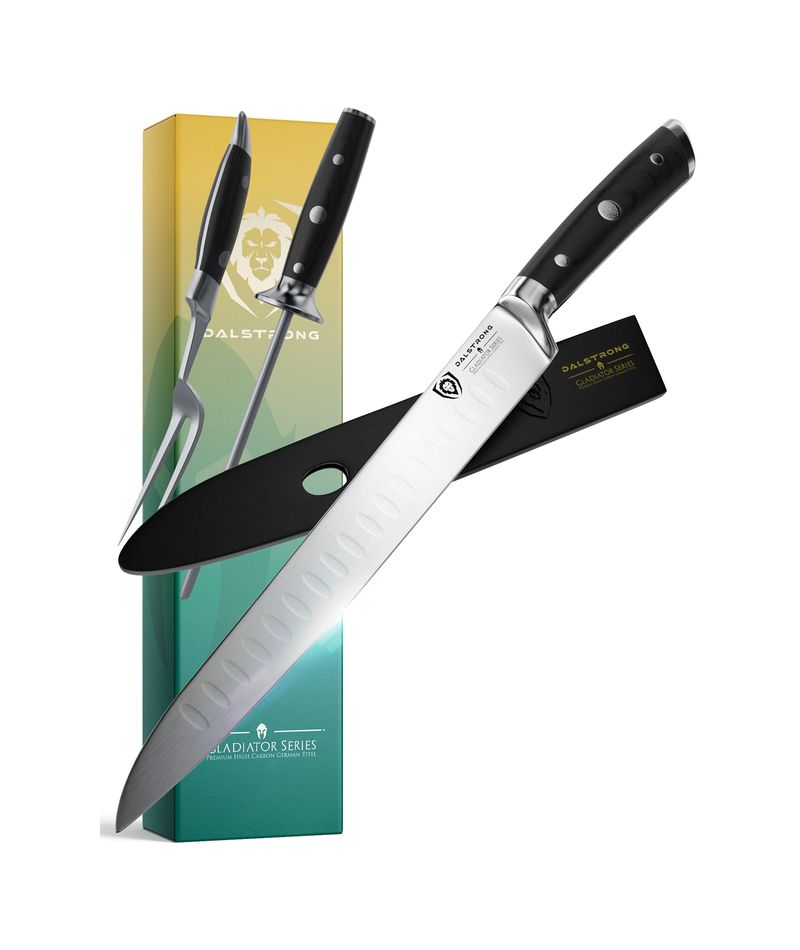 Dalstrong Carving Knife & Fork Set - Gladiator Series - German HC Steel - 4pc Hollow Ground - Honing Rod - 9