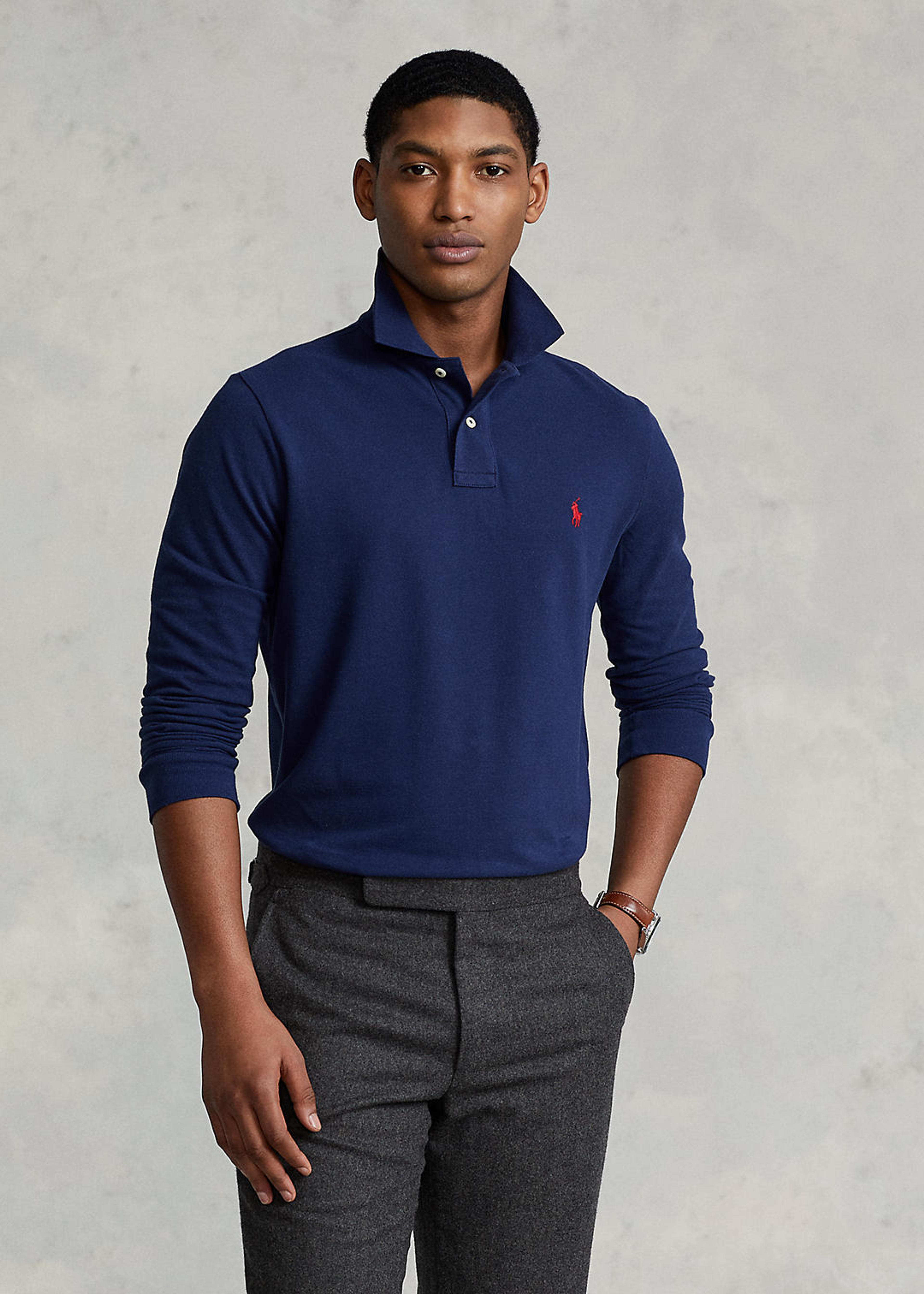 Classic Fit Mesh Long Sleeve Polo Shirt