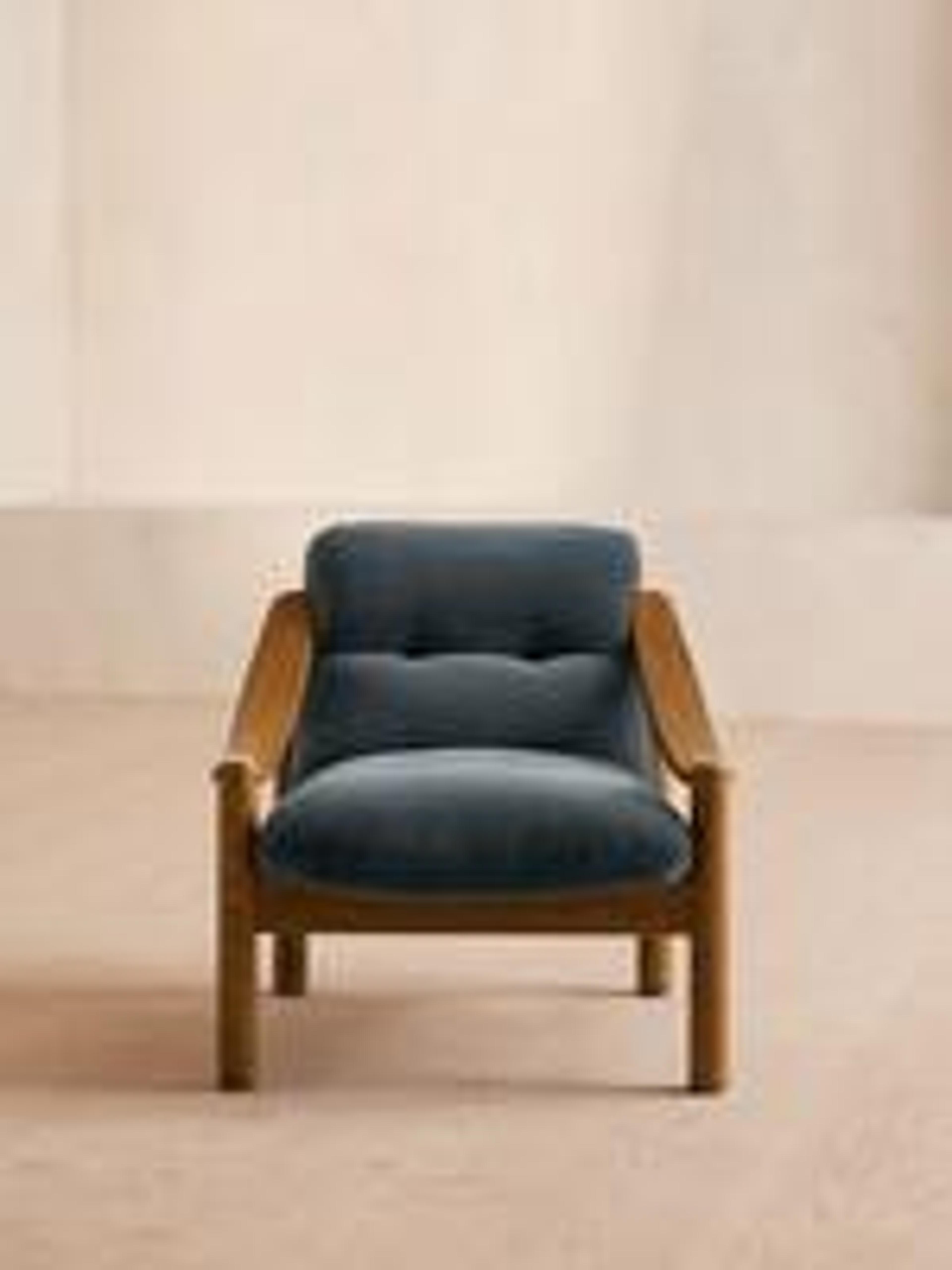 Karine Armchair, Midtone Oak, Grey Blue Velvet, US - Soho Home