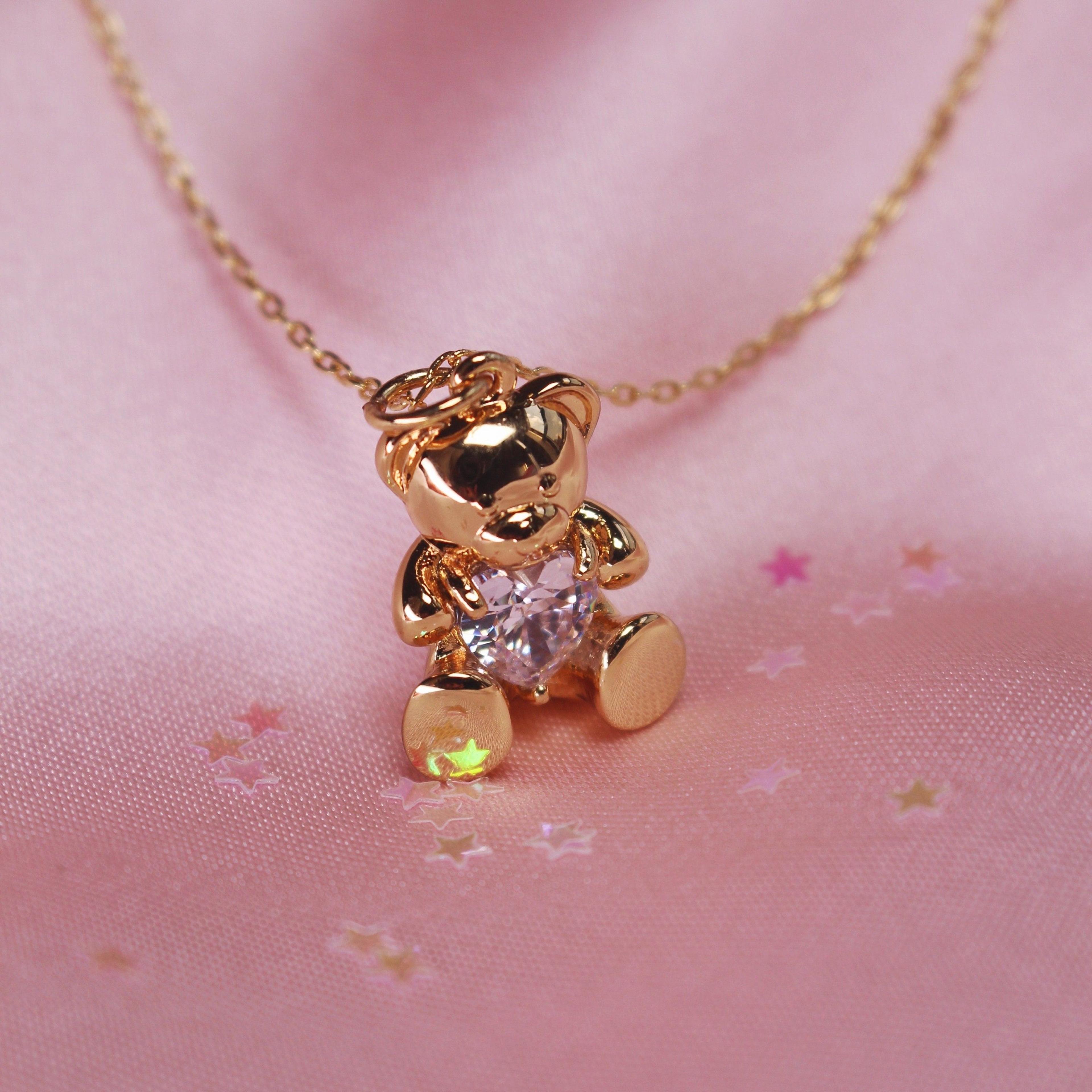 Teddy Bear Necklace - Cute Jewelry - Charm Necklace - Nostalgic - Angelcore Aesthetic - Dainty Crystal & Gold - Valentine's Day Gift