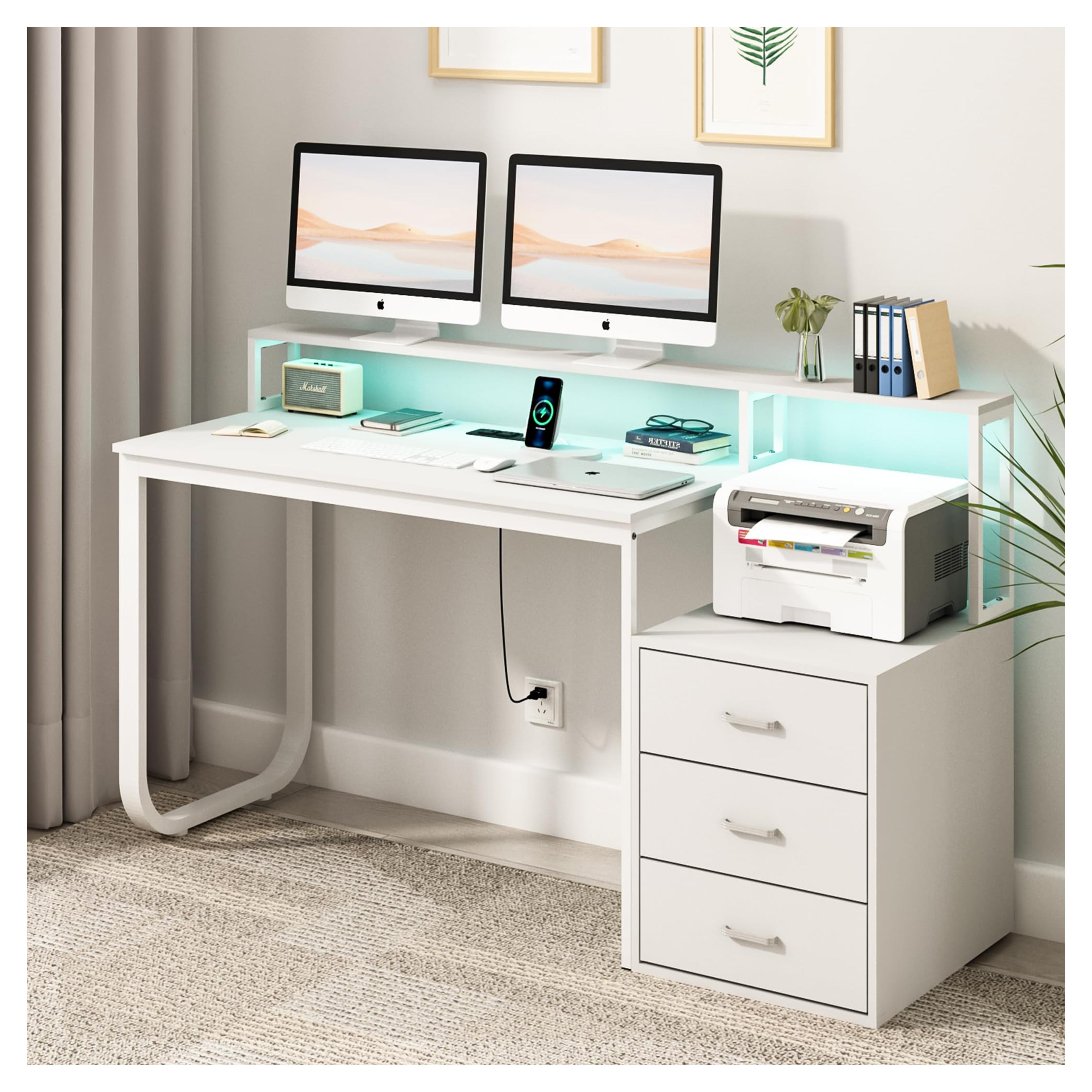 HOMBCK 67” White Desk with 3 Drawers and Storage, Reversible White Office Desk Computer Desk with Power Outlet and Monitor Stand, Home Office Desk with LED Strips for Bedroom