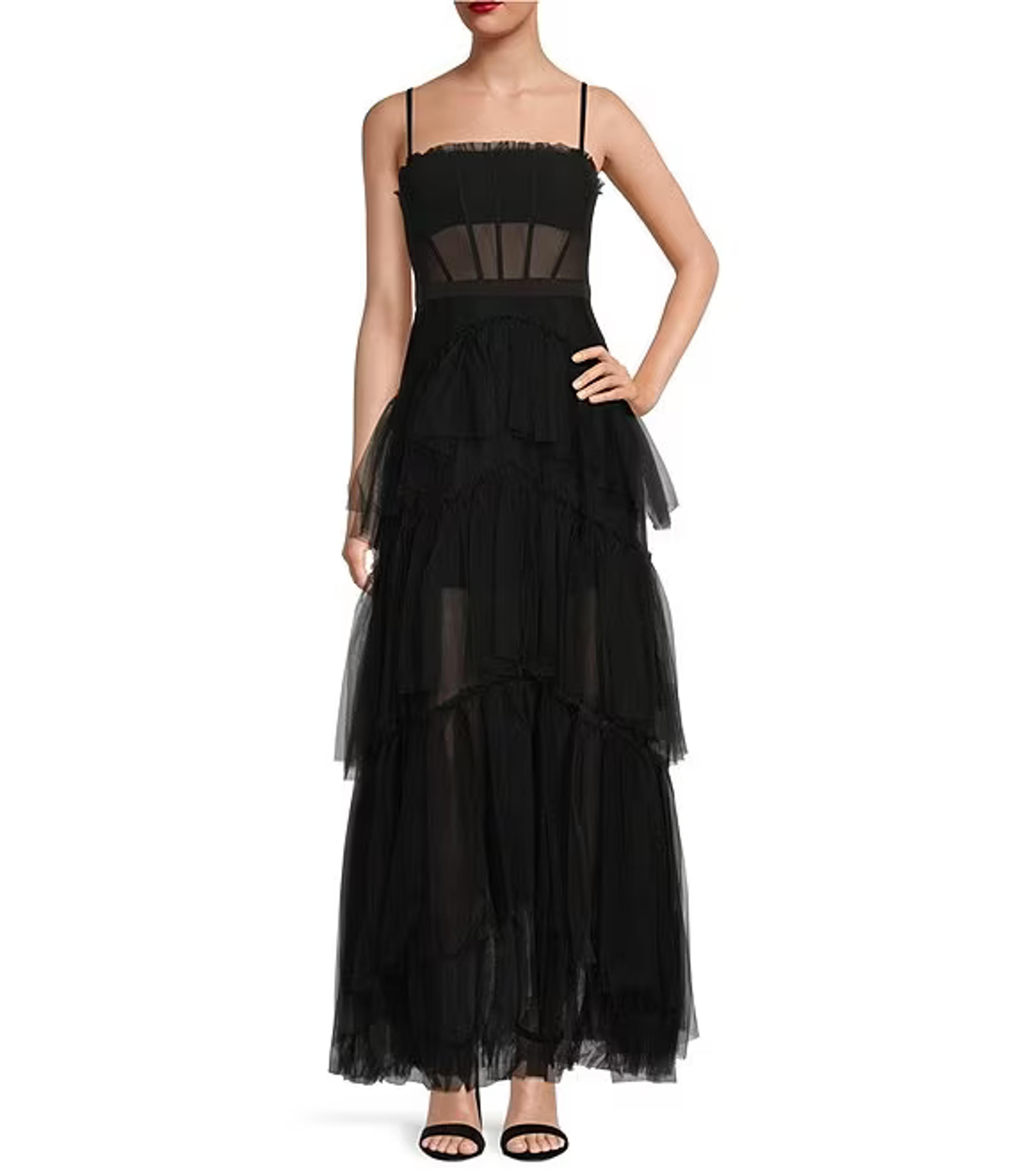 Betsy & Adam Illusion Tiered Ruffled Tulle Square Neck Mesh Sleeveless Gown | Dillard's