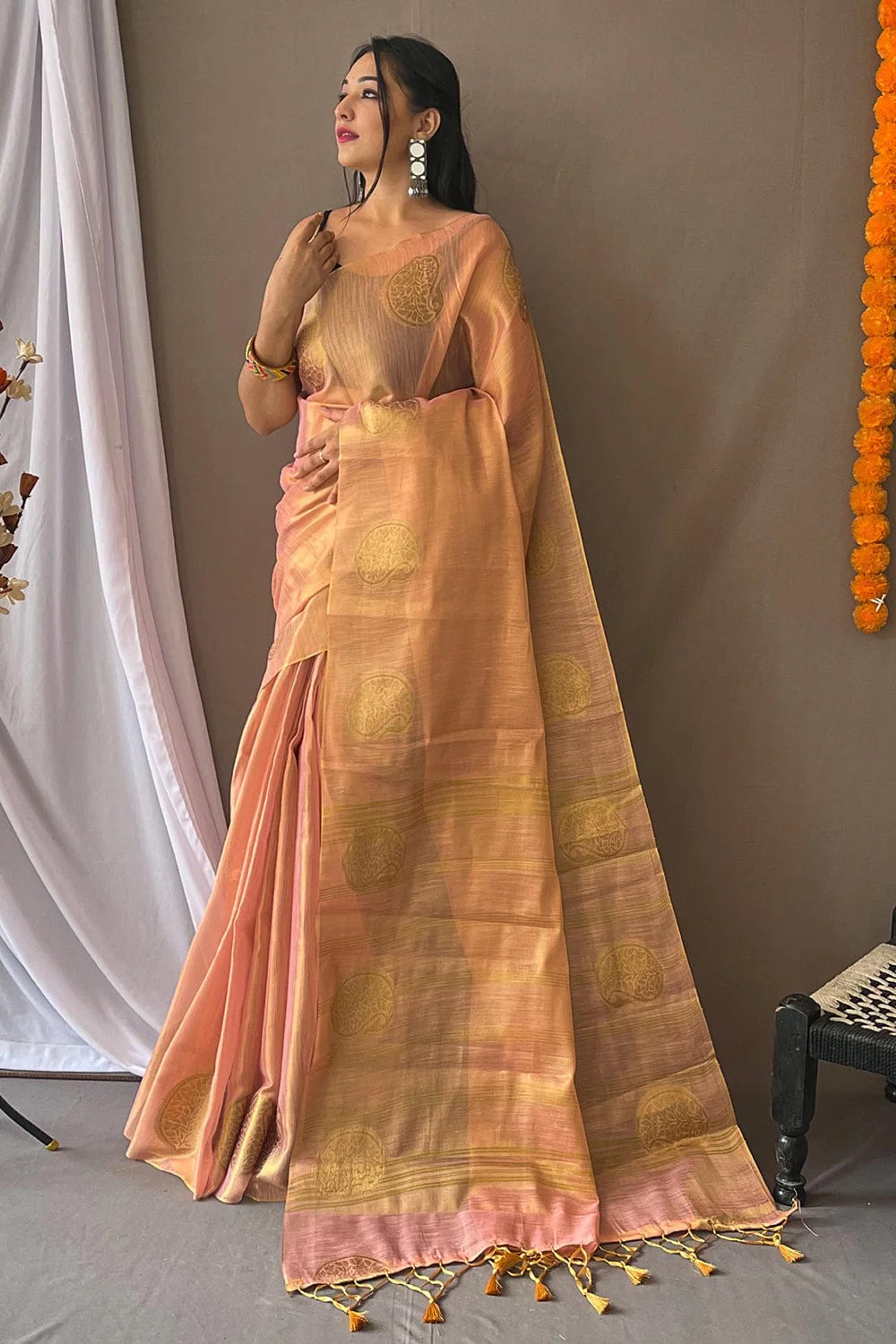 Buy Peach Silk Saree online-Karagiri