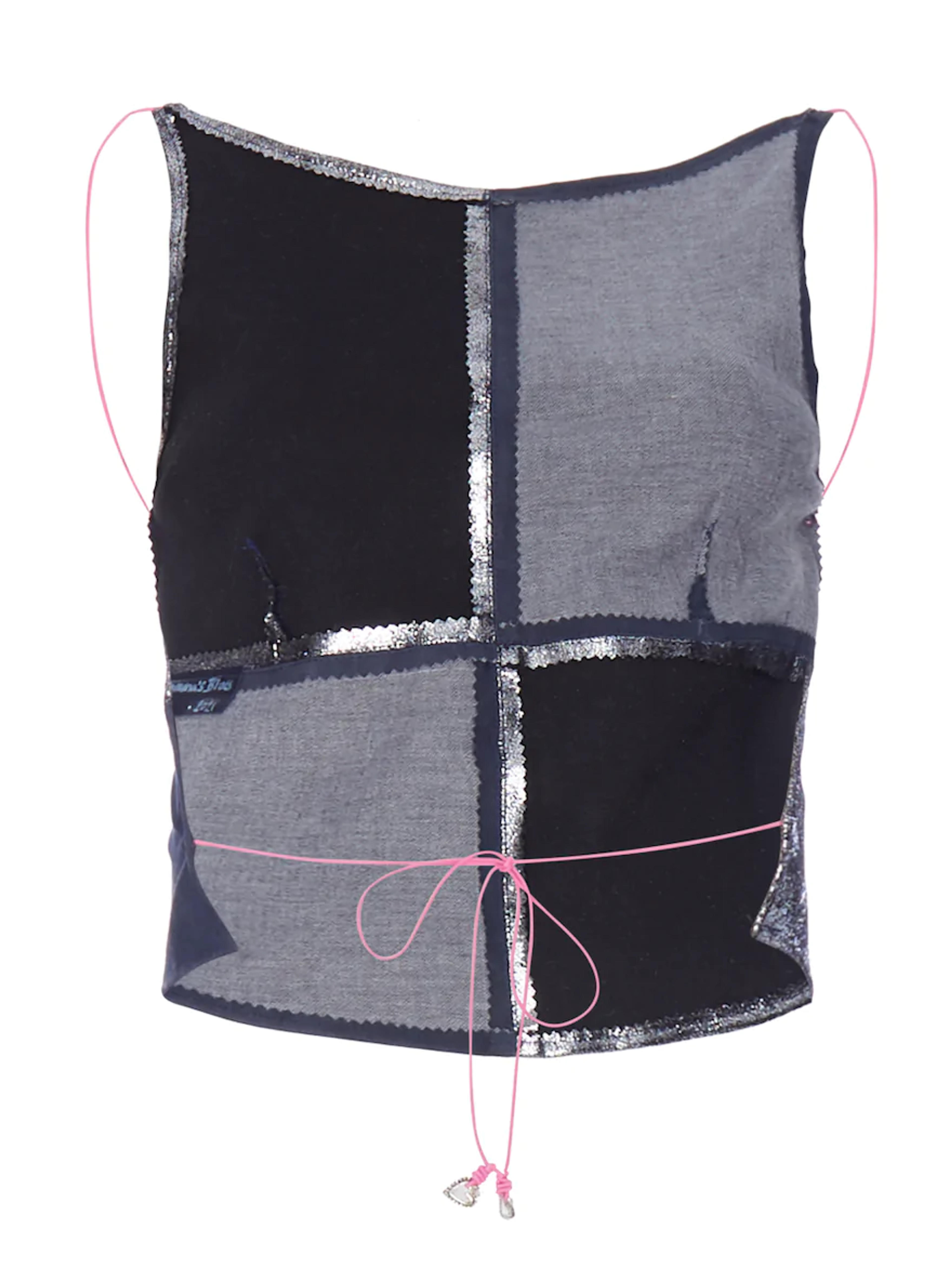 Checked Suede Leather Top with Pink String Ties and Heart Charms