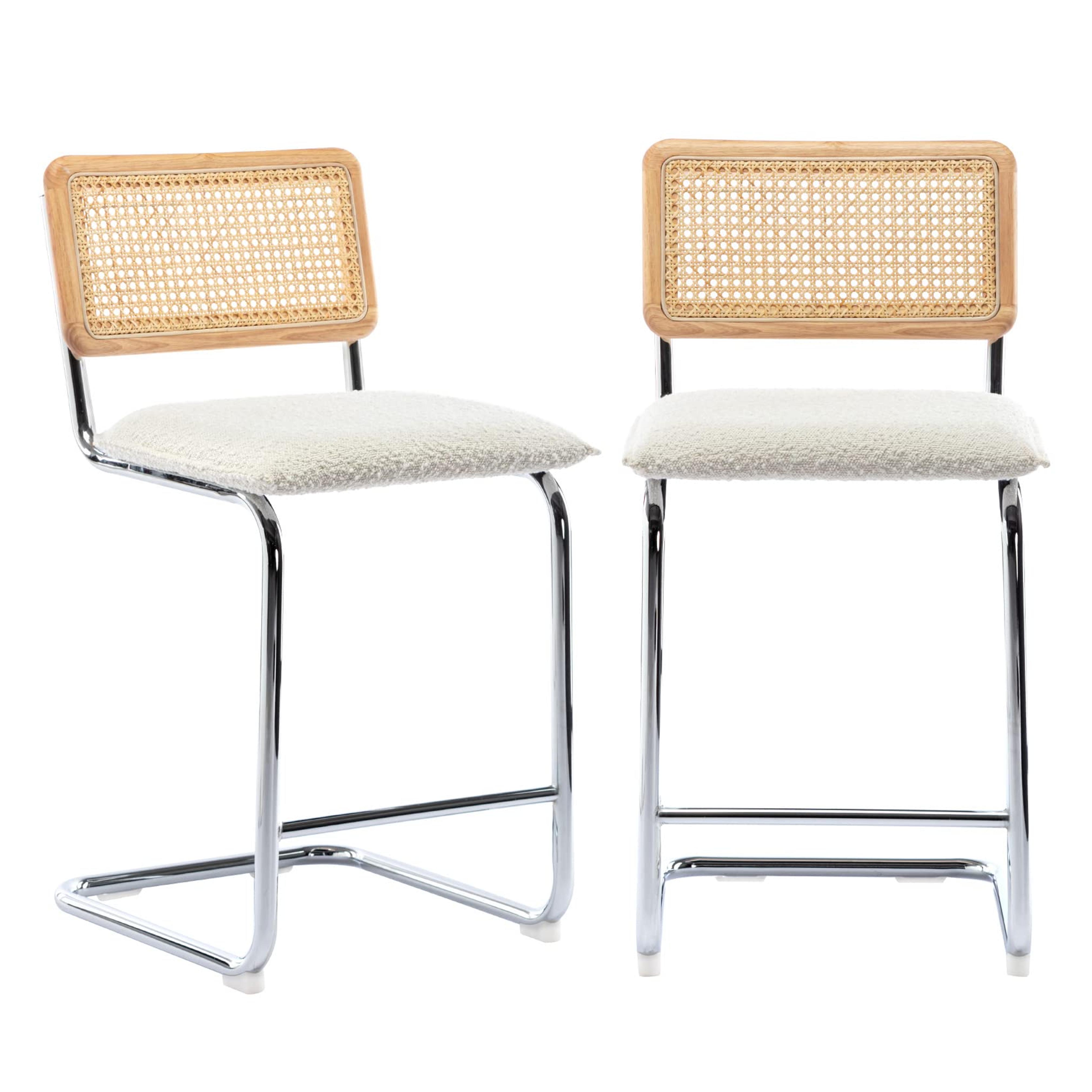 ONEVOG 24 Inch Seat Height Rattan Counter Height Barstool Chairs Set of 2, Mid Century Modern Bar Chair with Cane Backrest for Kitchen Counter, Armless Boucle Bar Stool Beige Chair Height: 34.4