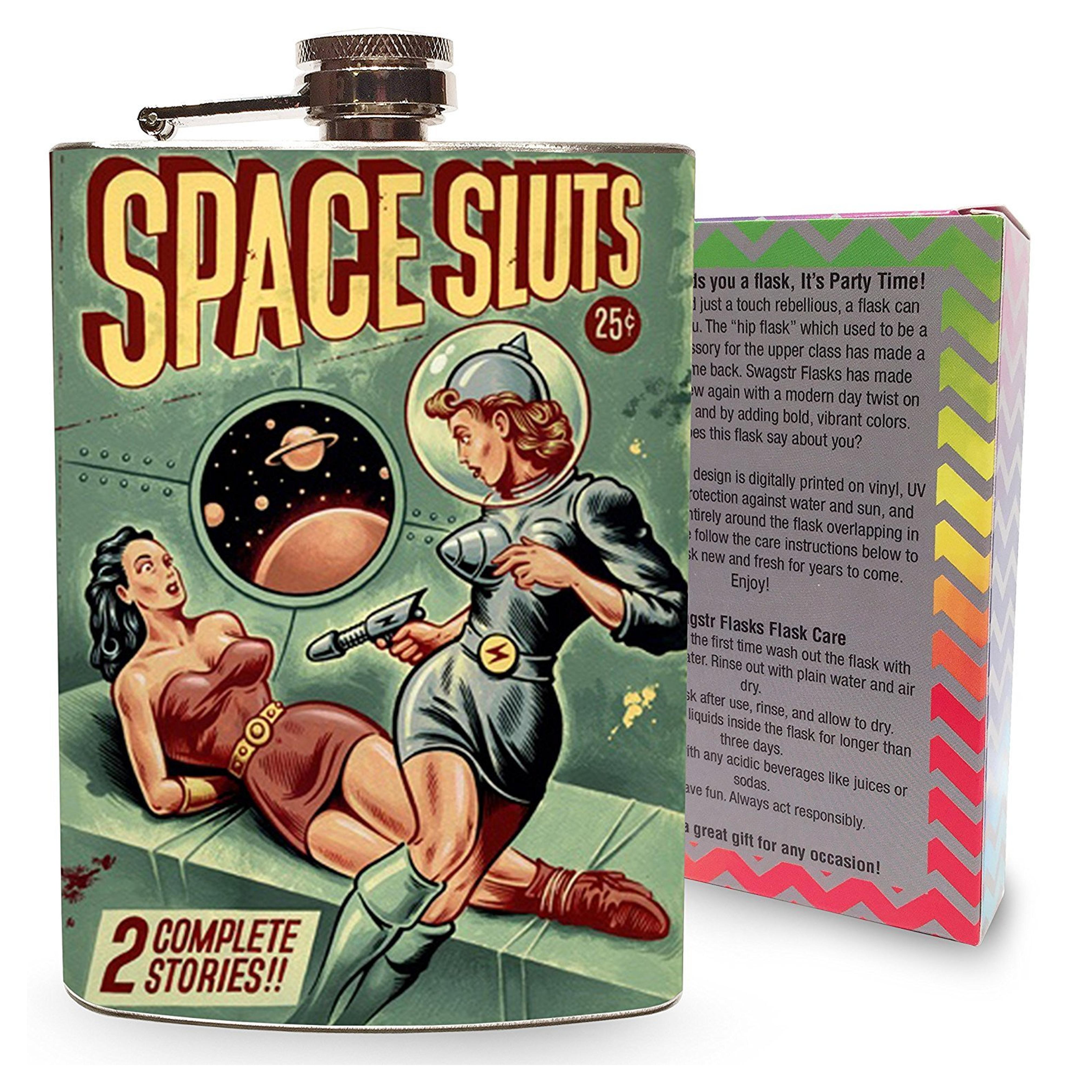 Space Sluts Flask 8oz Stainless Steel Silver Metal Drinking Hip Flasks for Spirits Alcohol Whiskey Liquor Vodka Sexy Sci-Fi Pin Up Girls Vintage Pinup Girls retro Pulp - Gift Box