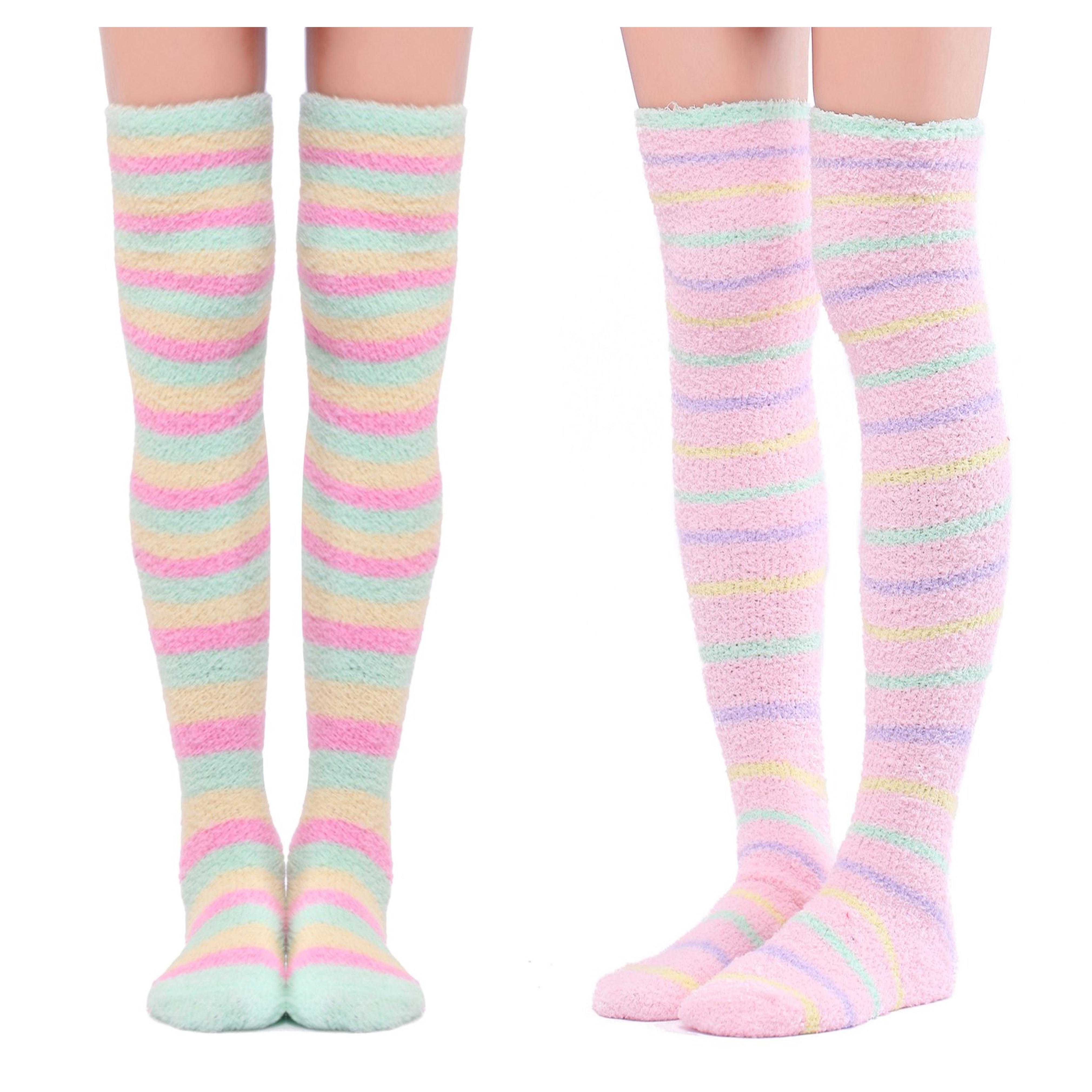 Amazon.com: Littleforbig Cute Coral Fleece Knee High Long Striped Socks 2 Pairs : Clothing, Shoes & Jewelry