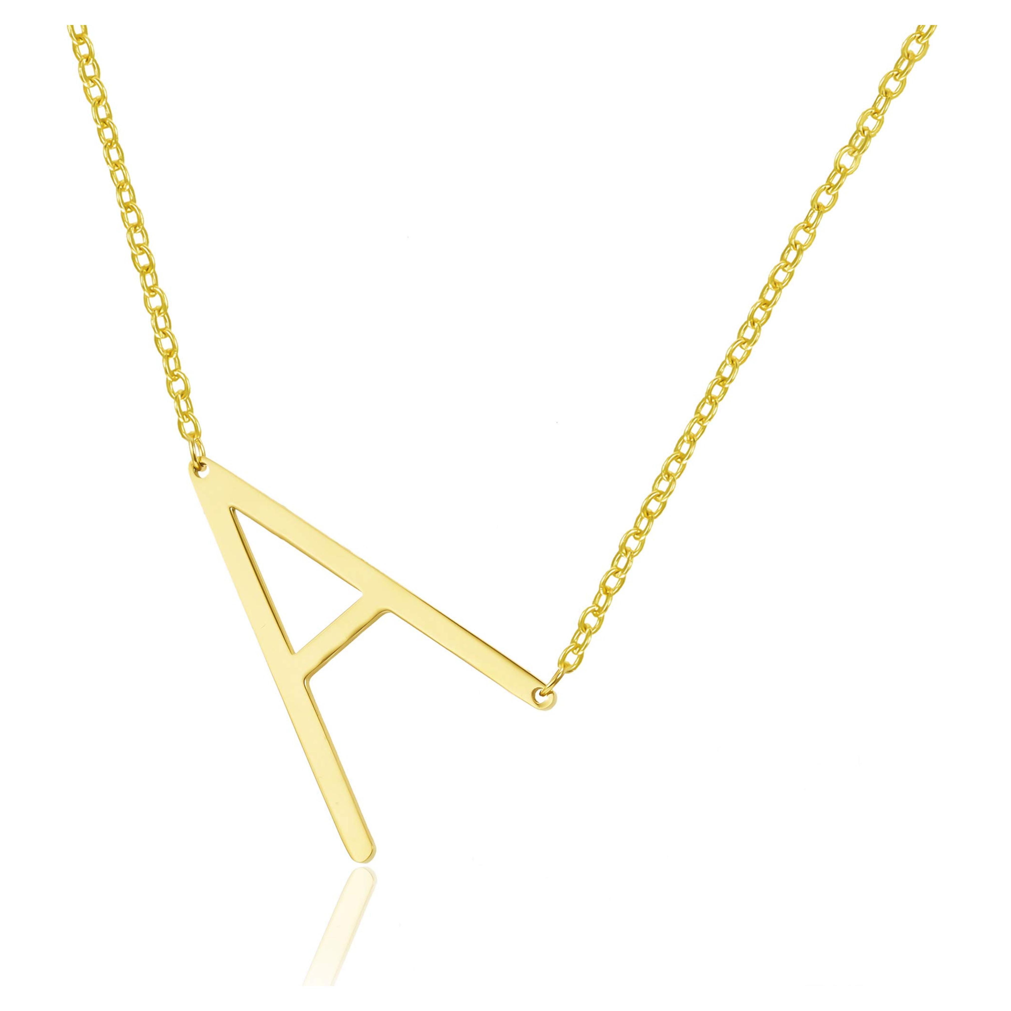 RINHOO Sideways Large Initial Necklace 18k Gold Plated Stainless Steel Big Letter Script Name Monogram Pendant Necklace for Women Gift(from Alphabet 26 A-Z)