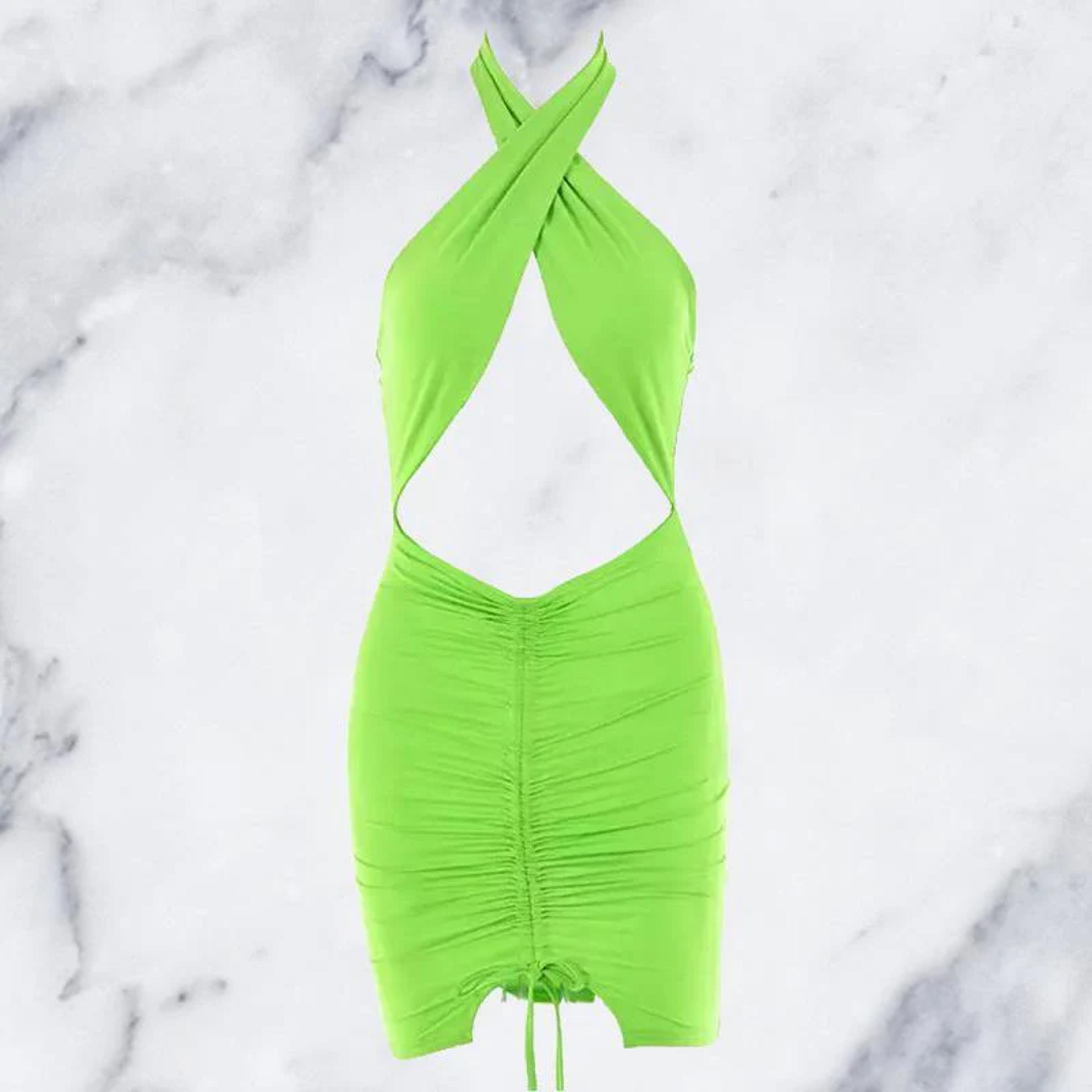 Neon Green Wrap Halter Shirred Mini Dress