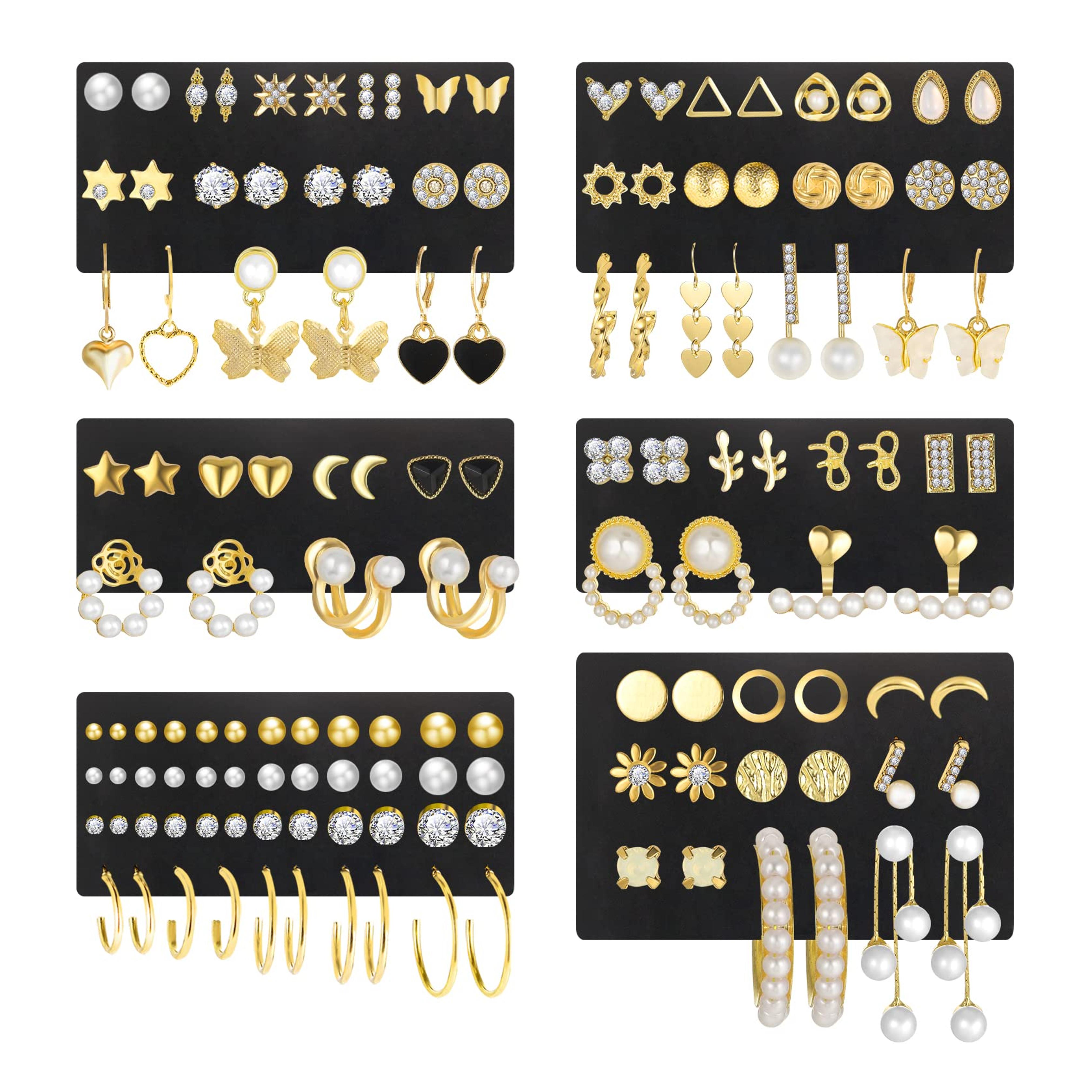 68 Pairs Gold Stud Earrings for Women Multipack, Hypoallergenic Assorted Girls Earring Set Multiple Piercings,Cubic Zirconia Pearl Butterfly Stud Hoop Earring Pack