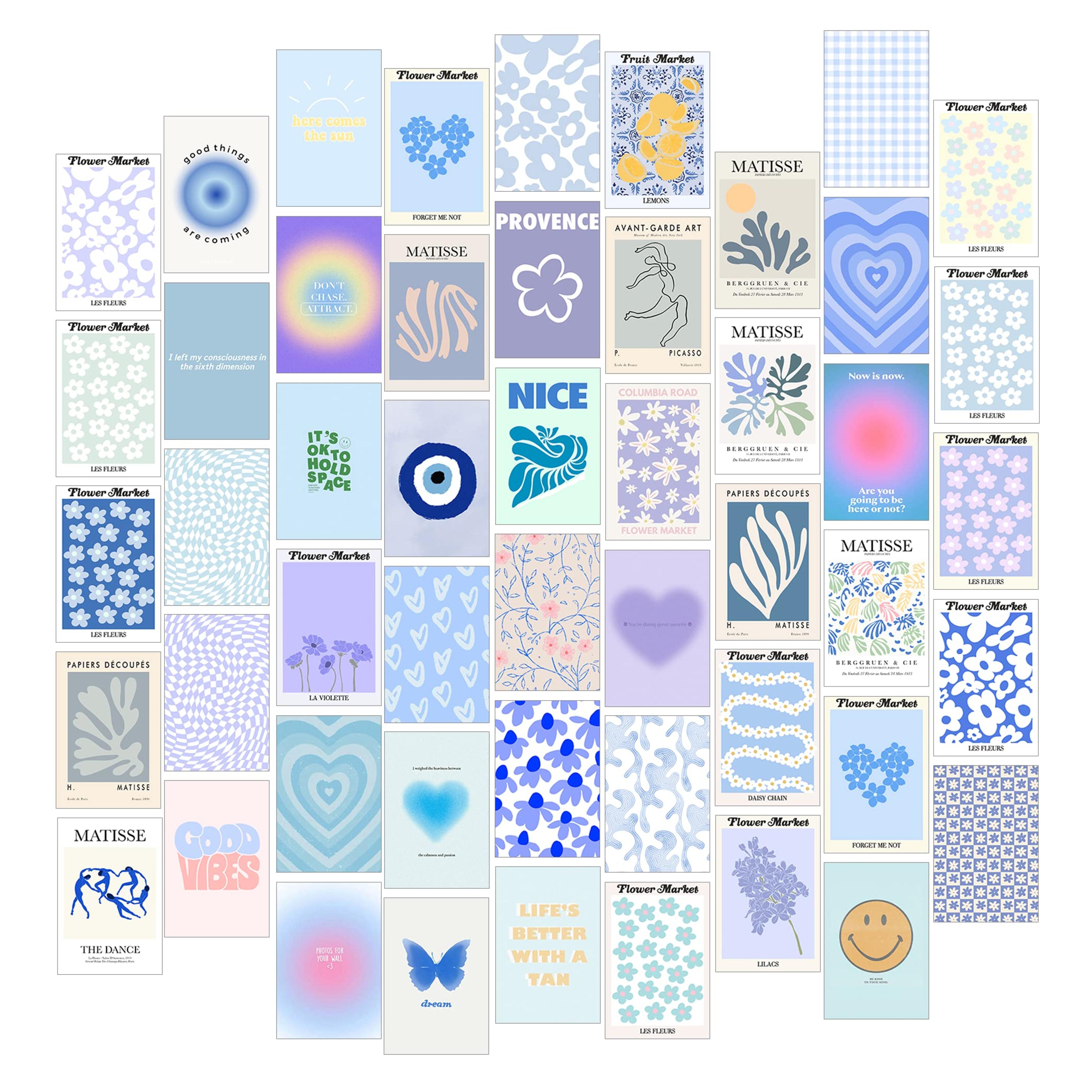 Danish Pastel Room Decor Aesthetic Wall Collage Kit - Matisse Posters for Room Aesthetic Wall Decor - Blue Aesthetic Picture Collage Kit for Wall Aesthetic - Trendy Teen Gifts for Girls - Flower Market Poster Set - Minimalist Wall Art Bedroom Decor (50pcs of 4x6inch, Blue)