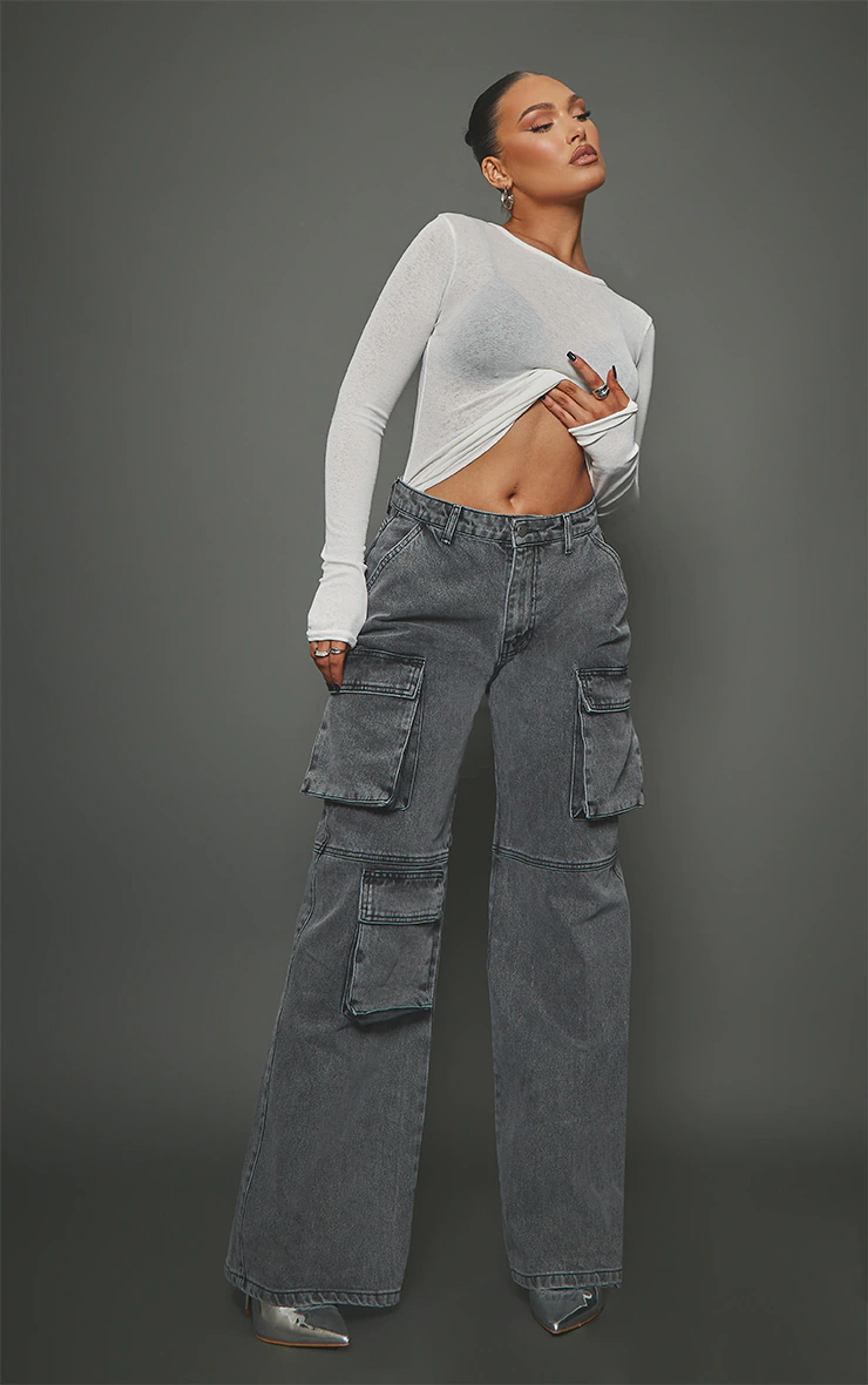 Grey Acid Wash Low Rise Baggy Boyfriend Cargo Jeans