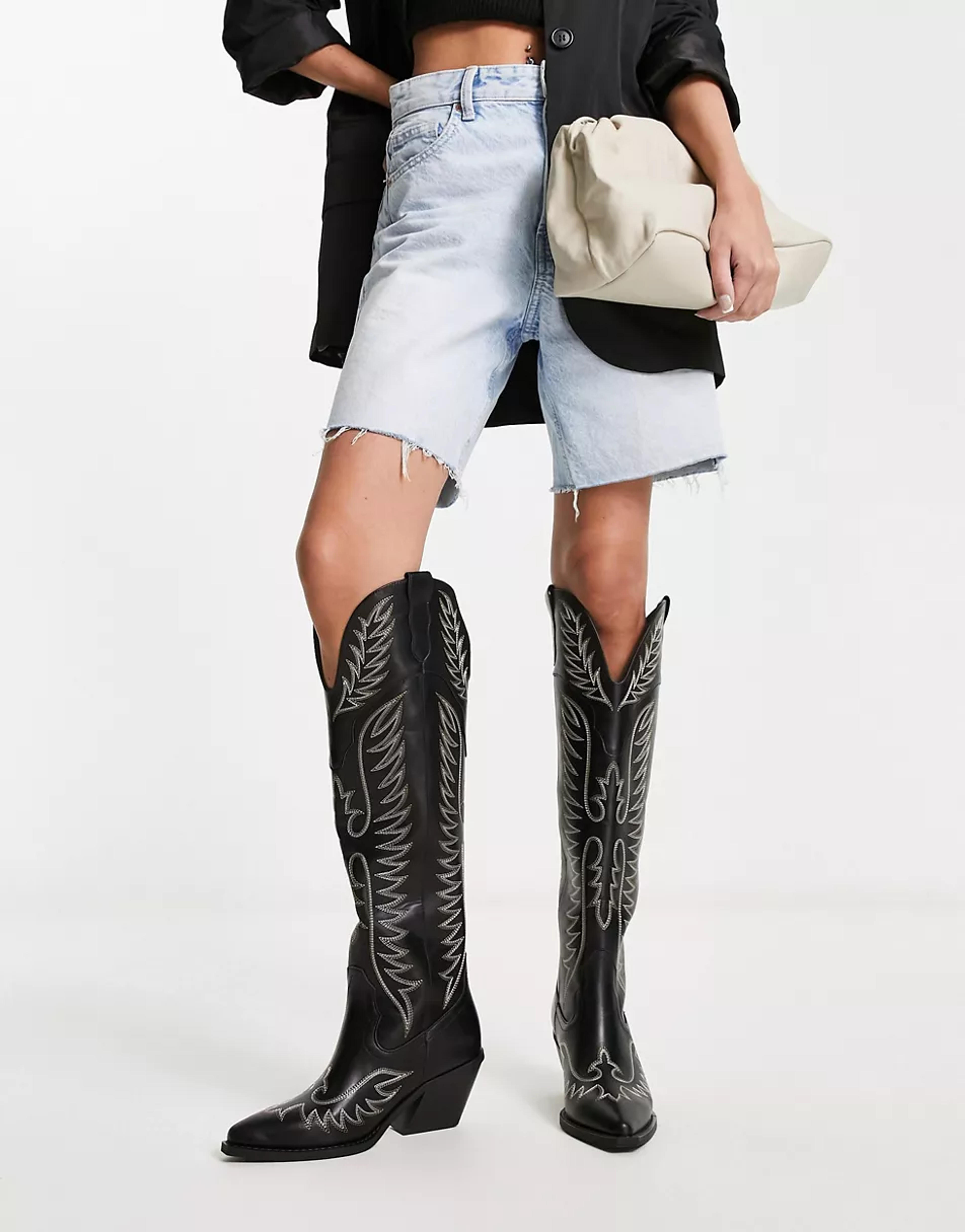 ASOS DESIGN Chester contrast stitch western knee boot in black | ASOS