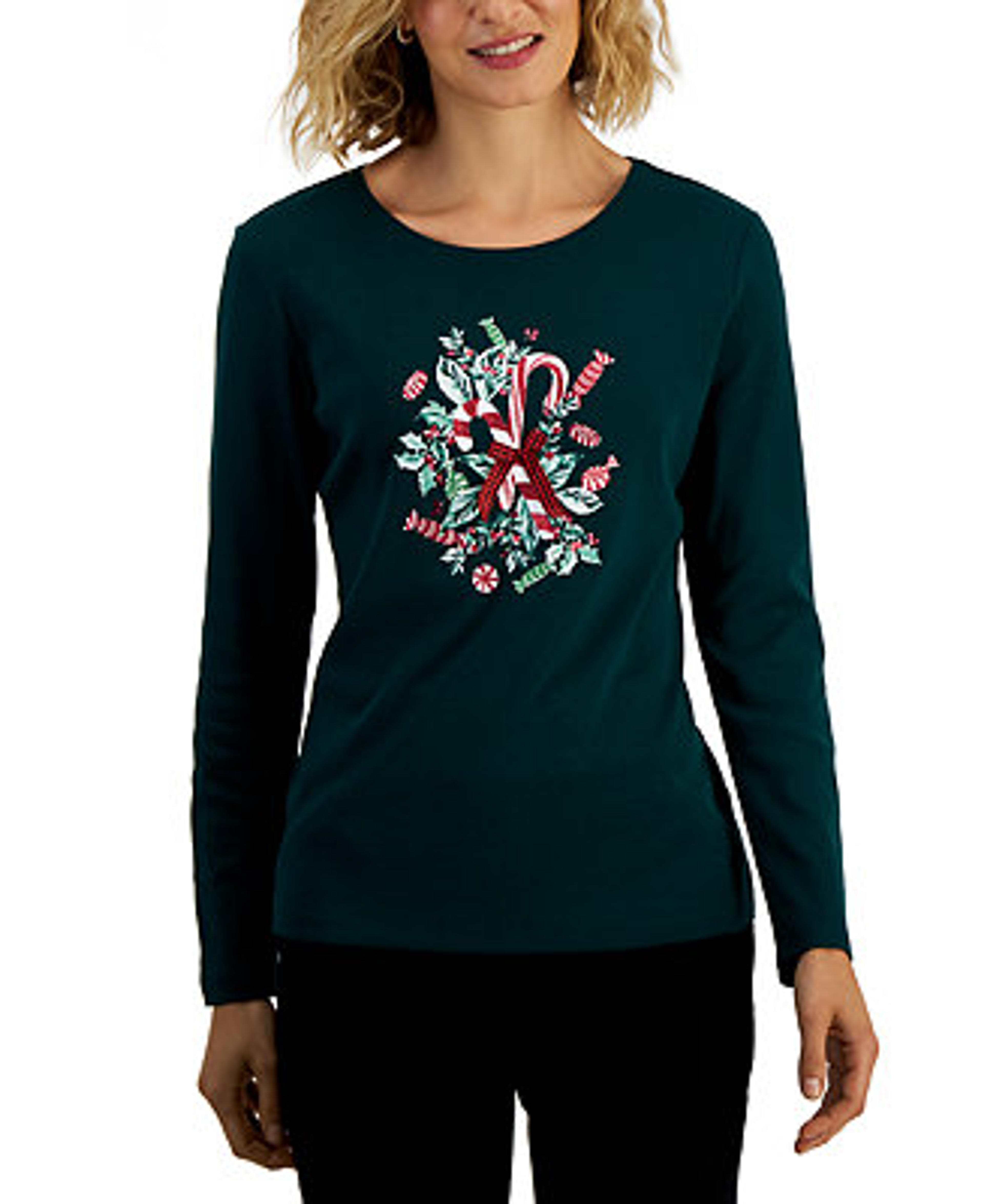 Karen Scott Petite Embellished Holiday-Graphic T-Shirt, Created for Macy's & Reviews - Tops - Petites - Macy's