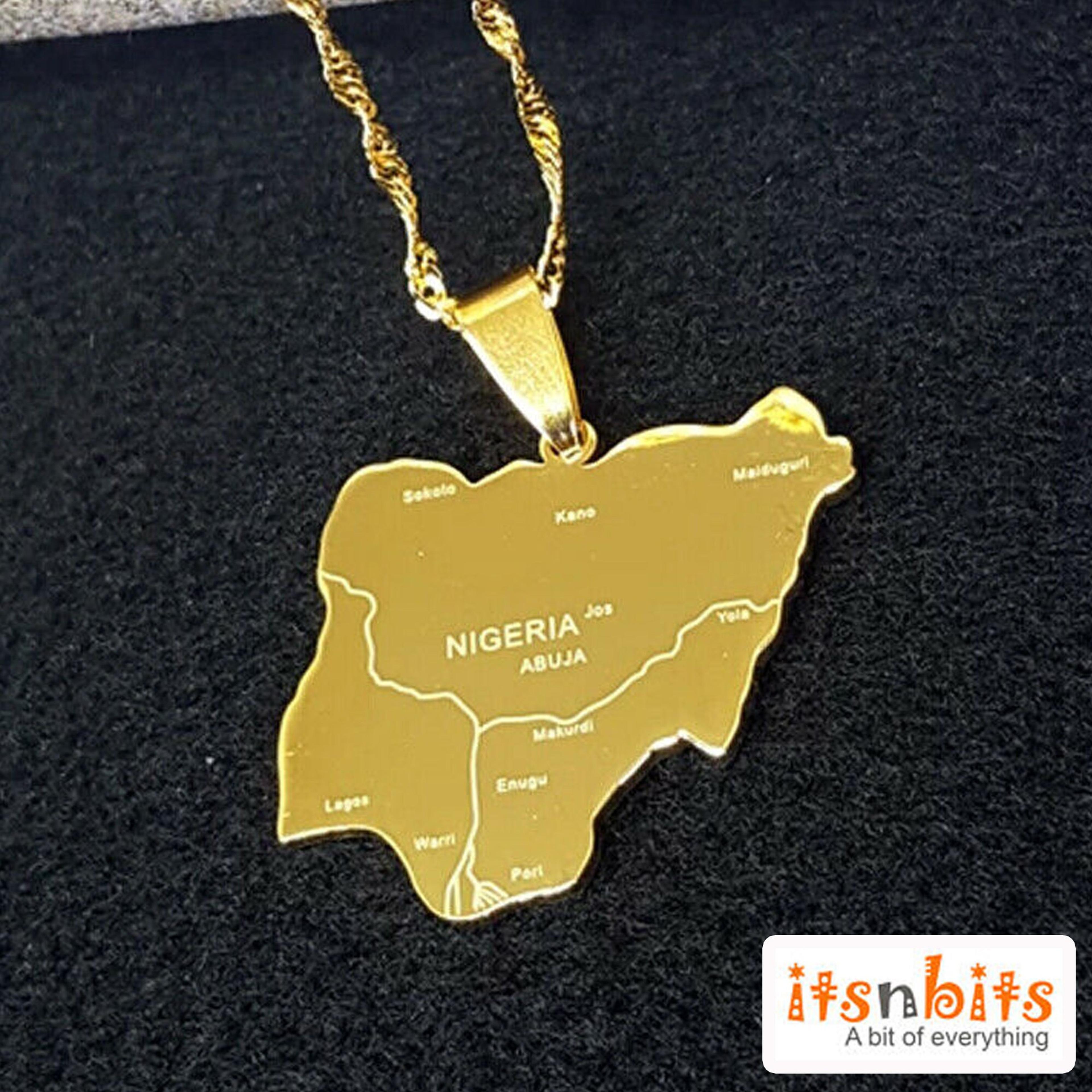 Detailed Nigeria Map Gold Plated Stainless Steel Necklace City Map Cities Nigerian Gift Pendant Gift For Him Her UK