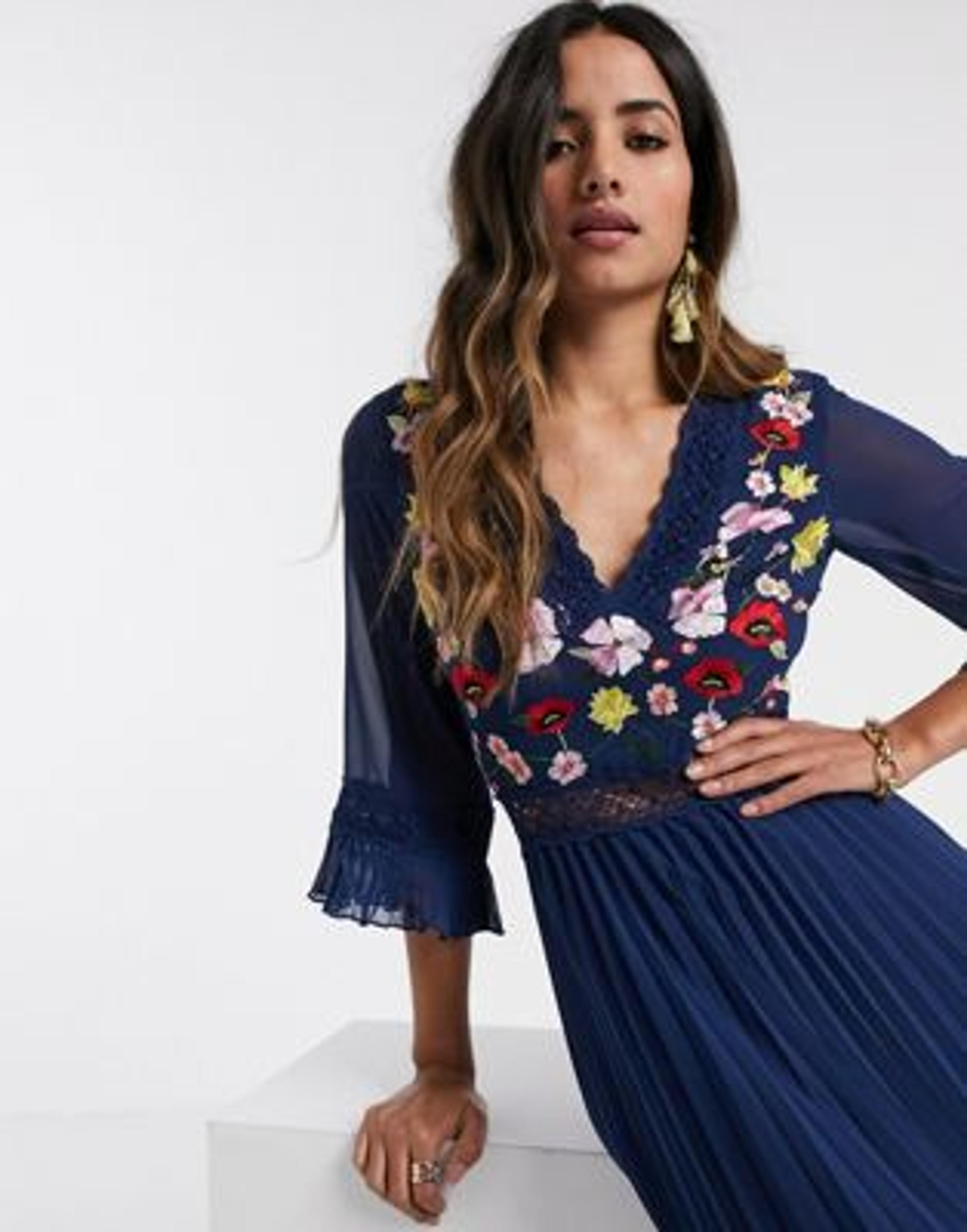 ASOS DESIGN lace insert pleated midi dress with embroidery in navy | ASOS