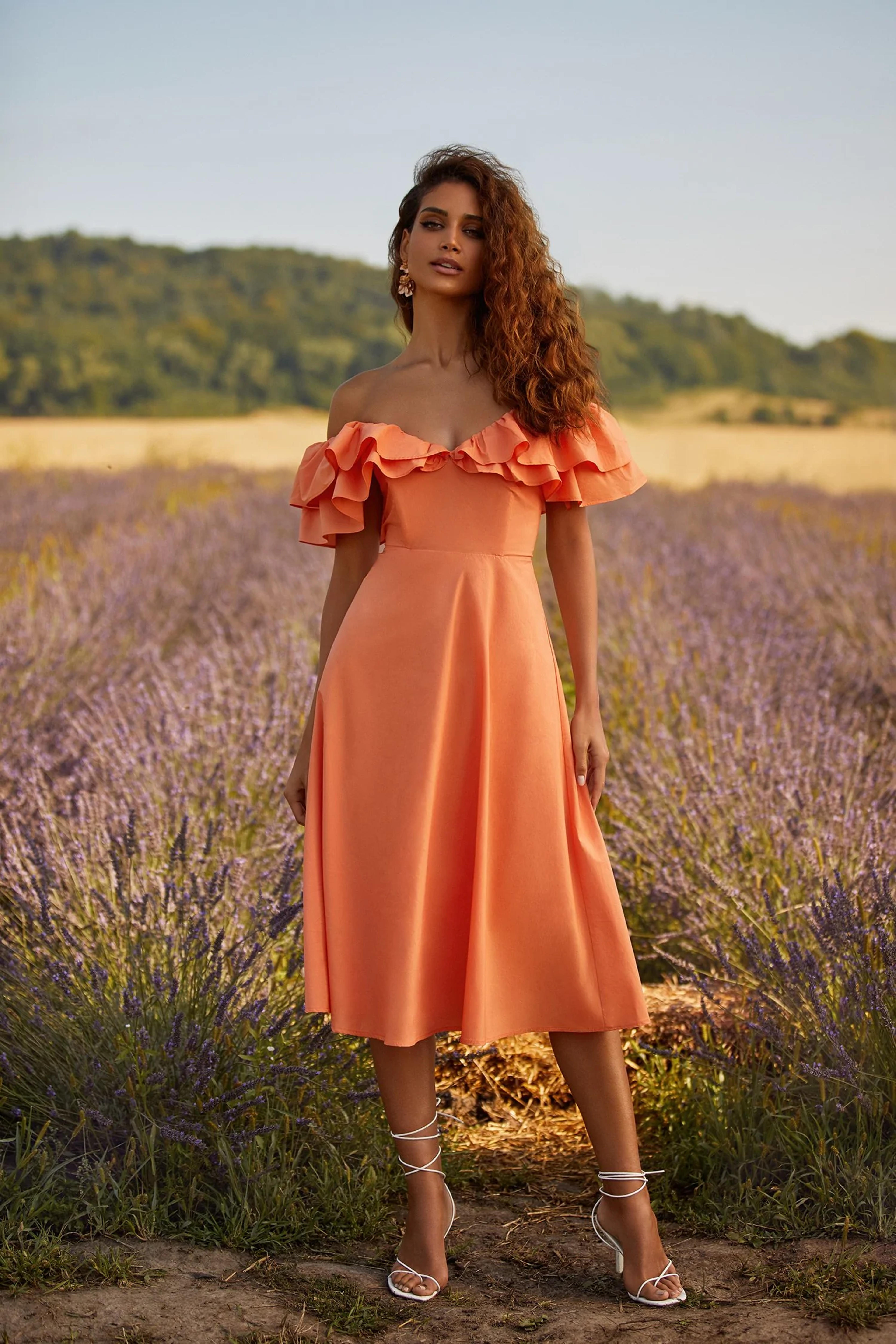 Aviana Orange Ruffled Bodice Mid Dress | Afterpay | Zip Pay | Sezzle