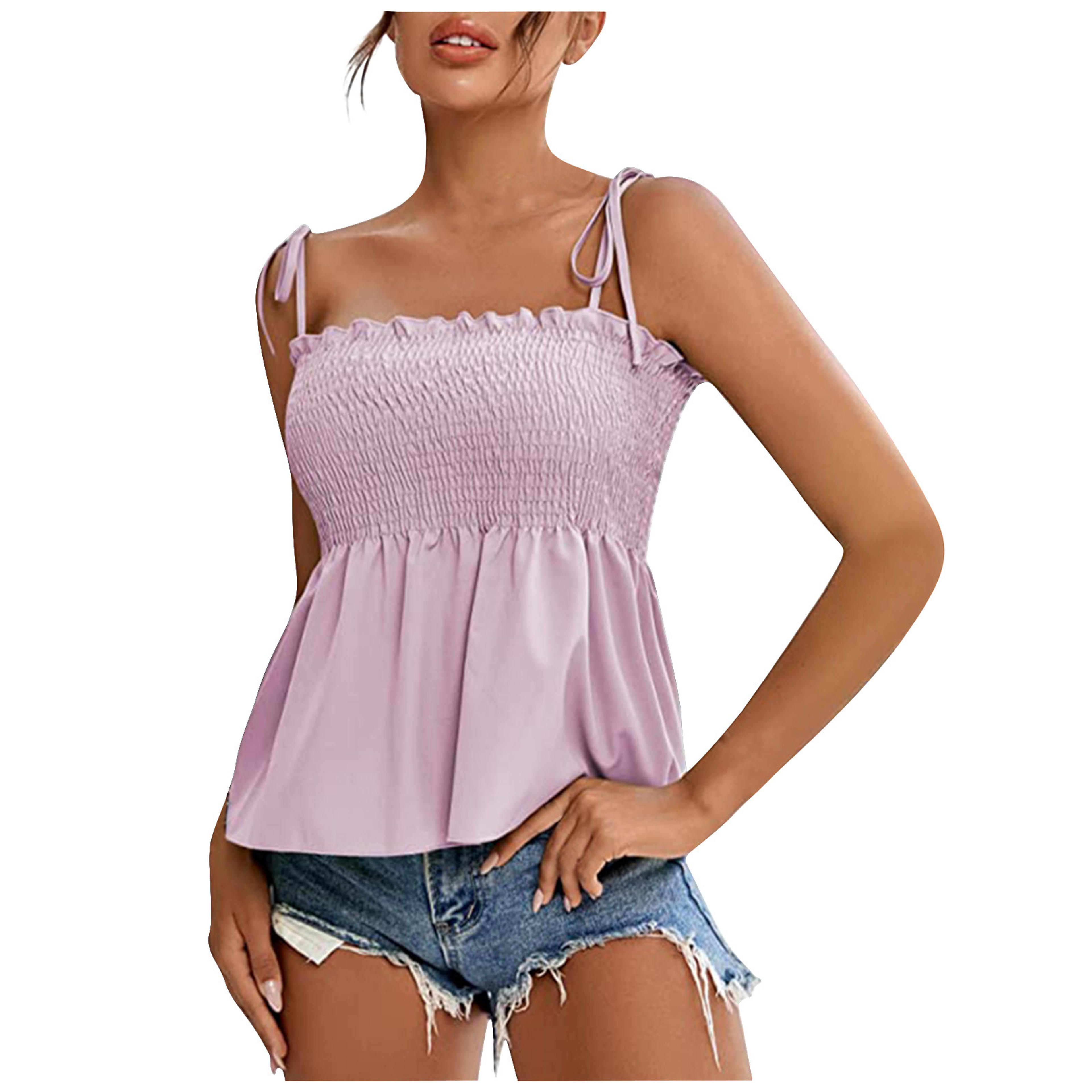 gakvbuo Summer Tank Tops For Women'S Tie Shoulder Frill Shirred Ruffle Hem Sleeveless Strappy Cami Blouse Peplum Top - Walmart.com