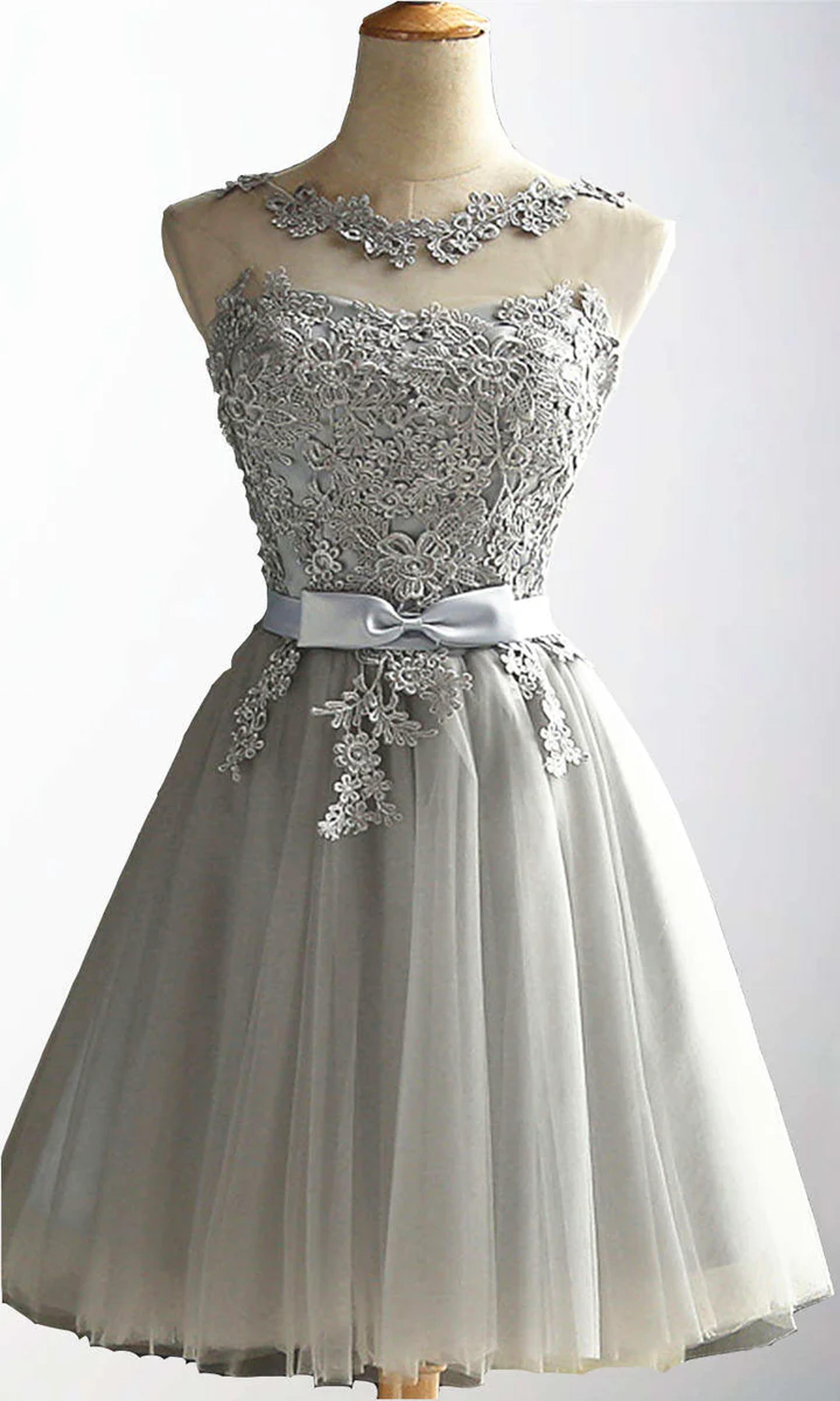 Applique Lace Short Grey Bowknot 8th Grade Prom Dresses with Lace Up B – promboutiqueonline