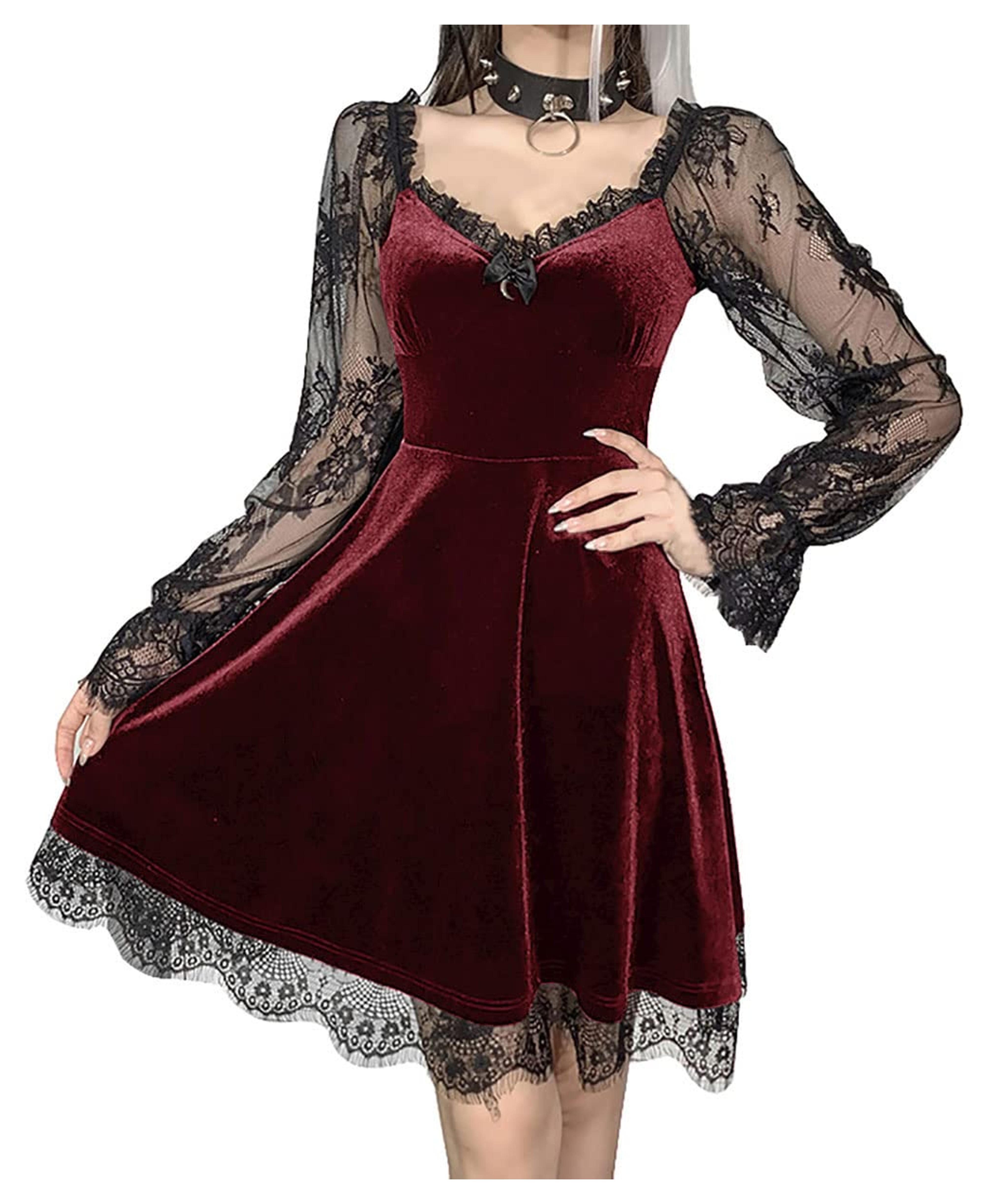 Amazon.com: Women's Gothic Punk A-Line Dress Vintage Lace Long Sleeve Velvet Dress Red Mini Dresses for Christmas : Clothing, Shoes & Jewelry