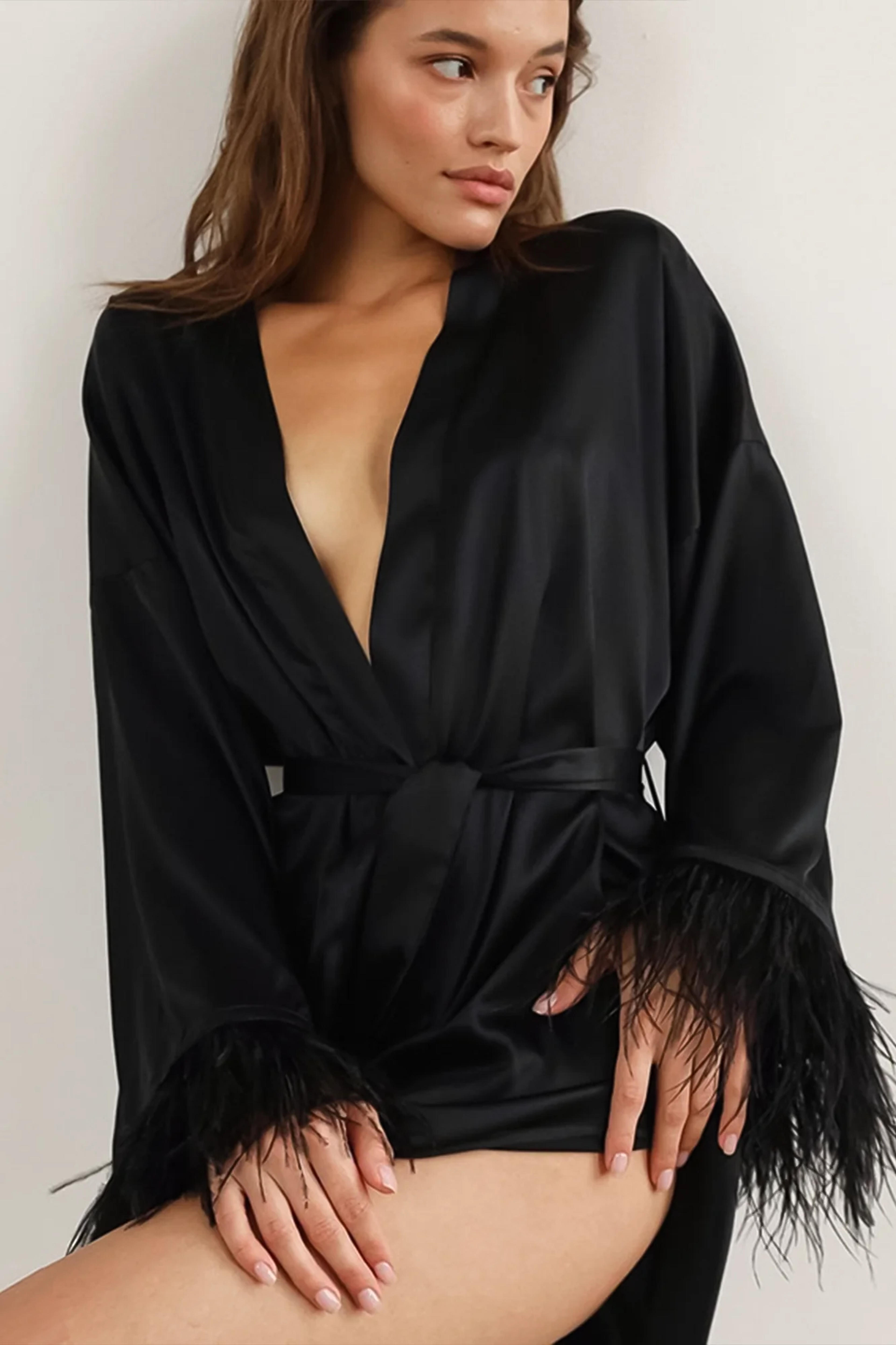 Black feather robe | Black satin robe – Moxy