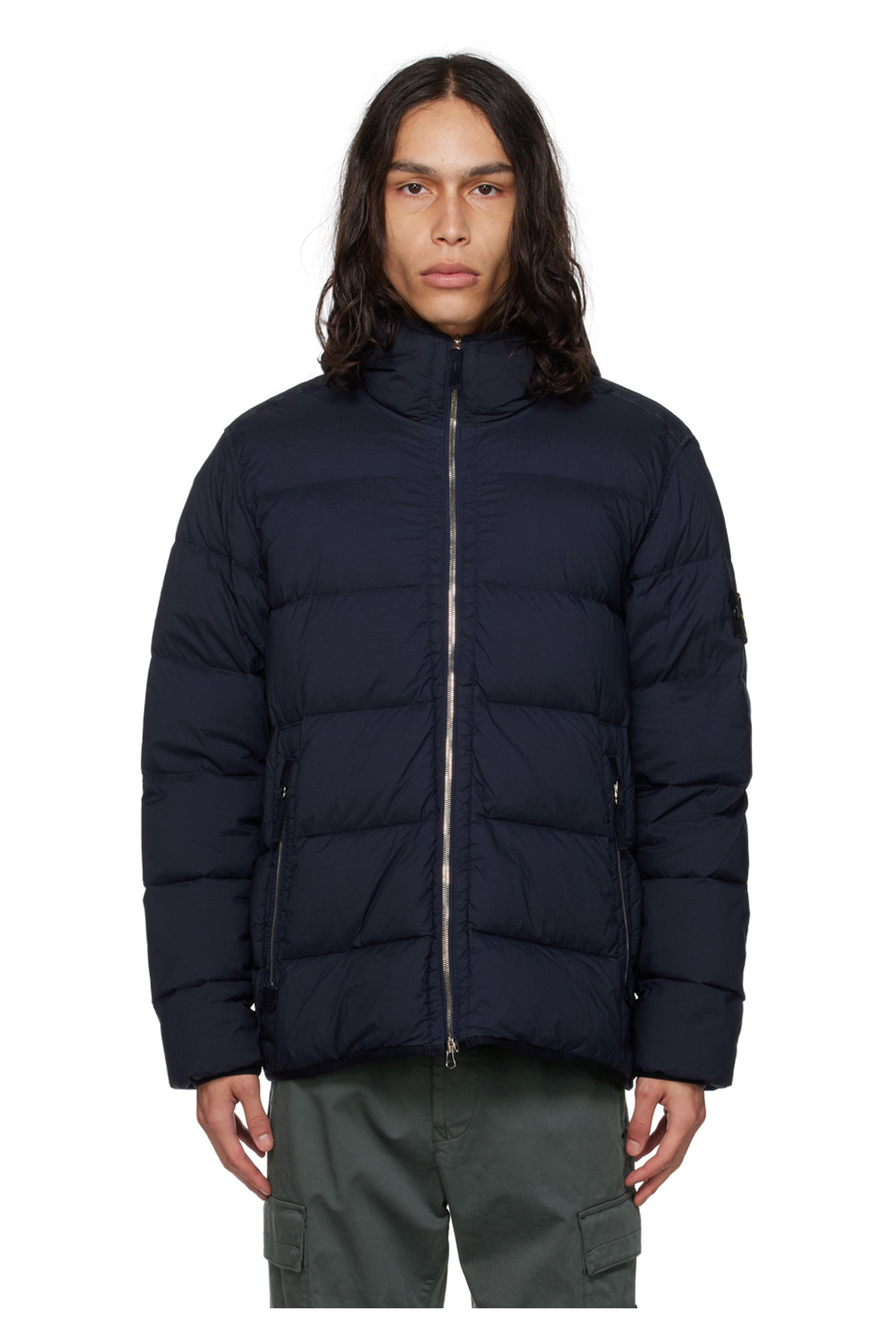 Navy Seamless Tunnel Down Jacket by Stone Island on Sale