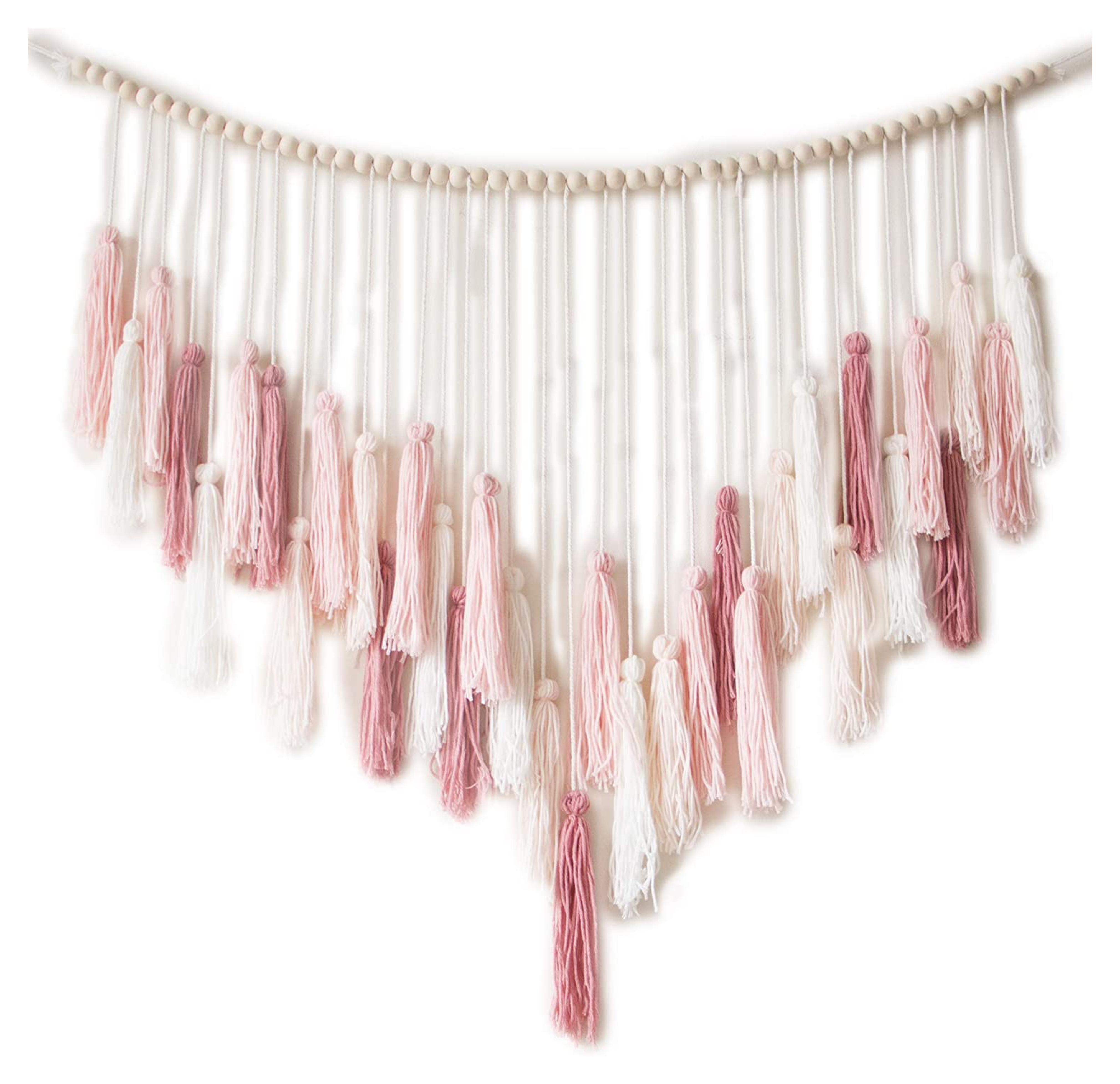Decocove Macrame Wall Hanging - Large Macrame Wall Hanging with Wood Beads - Bohemian Wall Decor for Bedroom, Living Room and Kitchen - Warm Blush Pink - 35'' x 36''