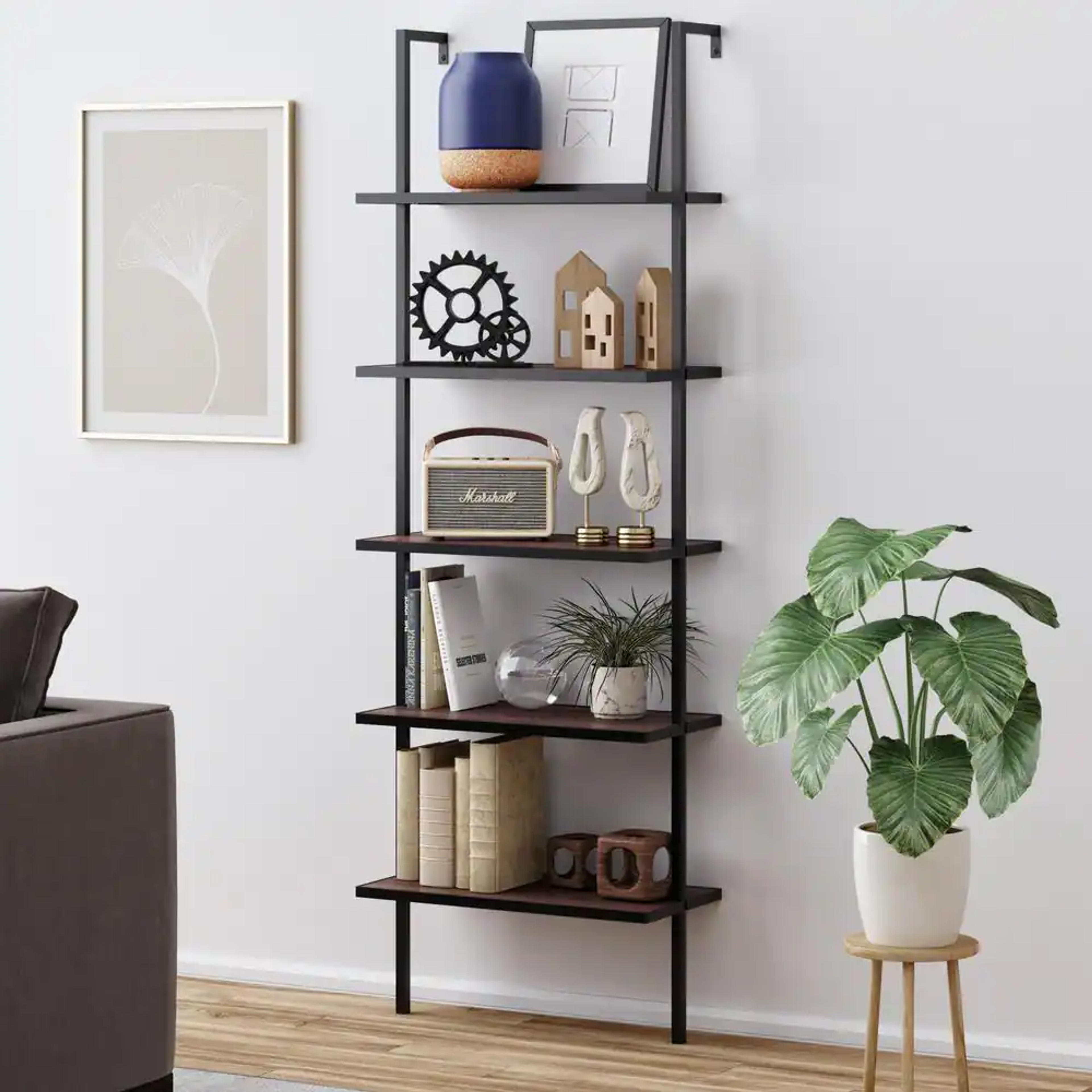 Nathan James Theo Walnut Brown 5-Shelf Ladder Bookcase or Bookshelf with Black Metal Frame 65503