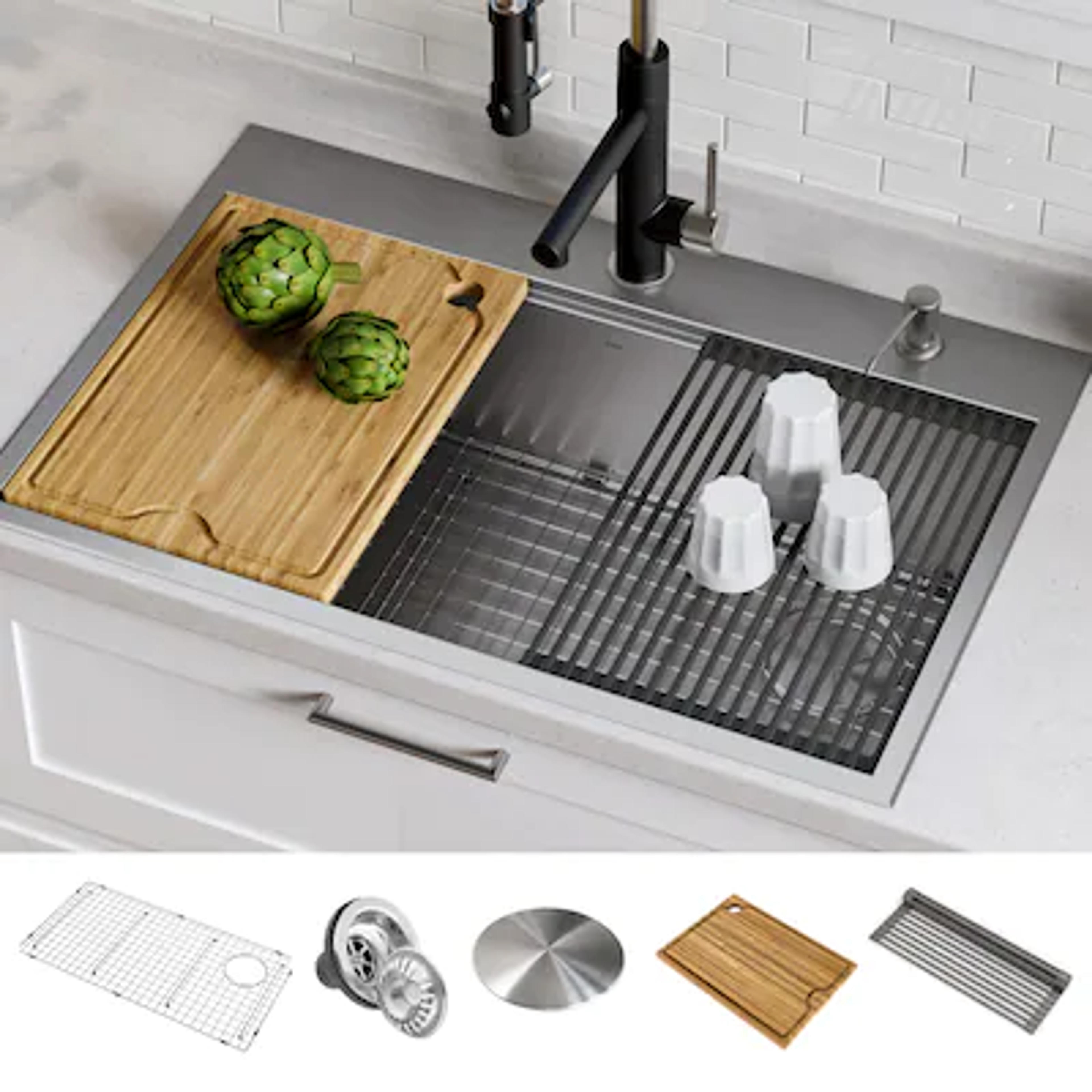 Kraus Kore Workstation Dual-mount 33-in x 22-in Stainless Steel Single Bowl 2-Hole Stainless Steel Workstation Kitchen Sink with Drainboard in the Kitchen Sinks department at Lowes.com