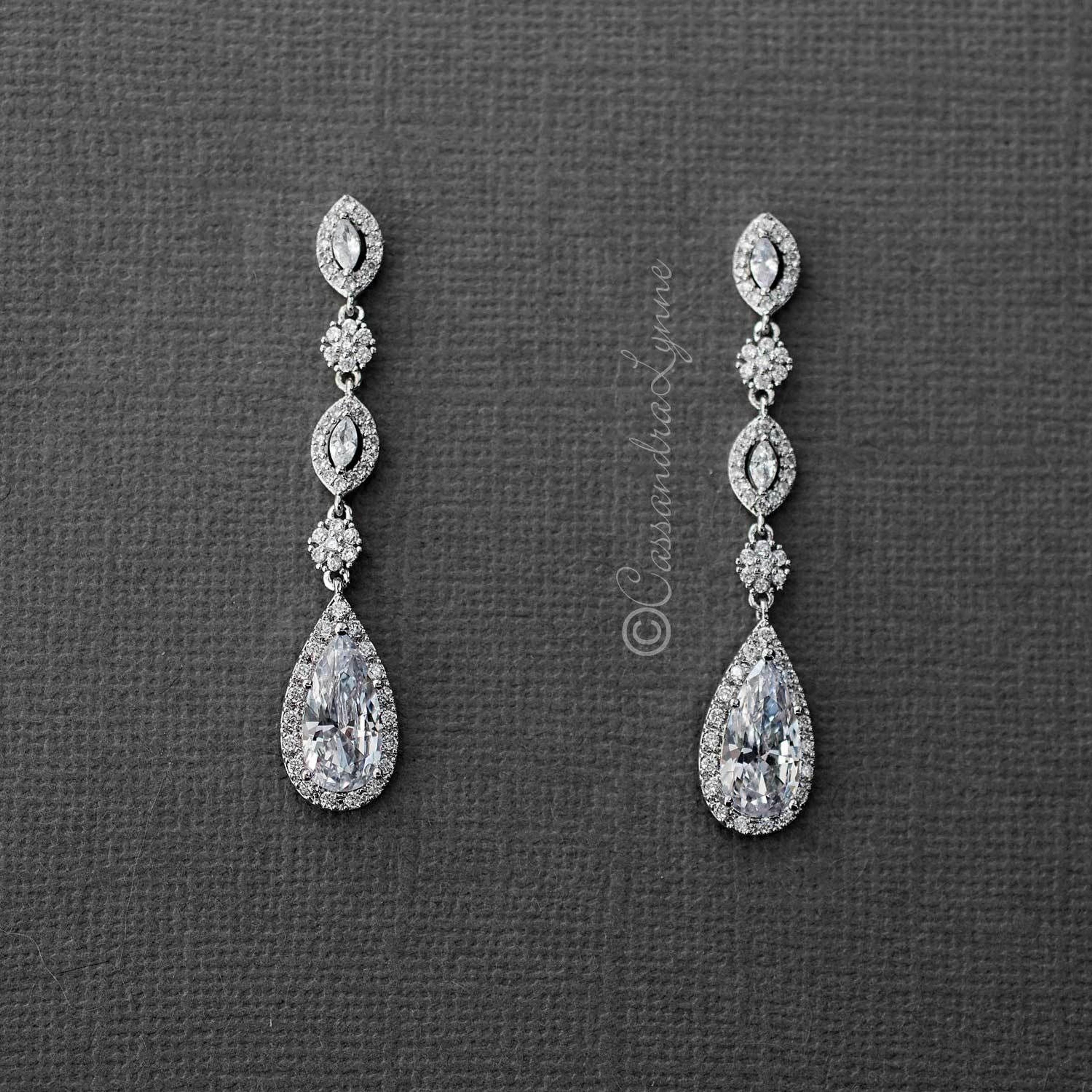 CZ Wedding Earrings of Elongated Teardrops