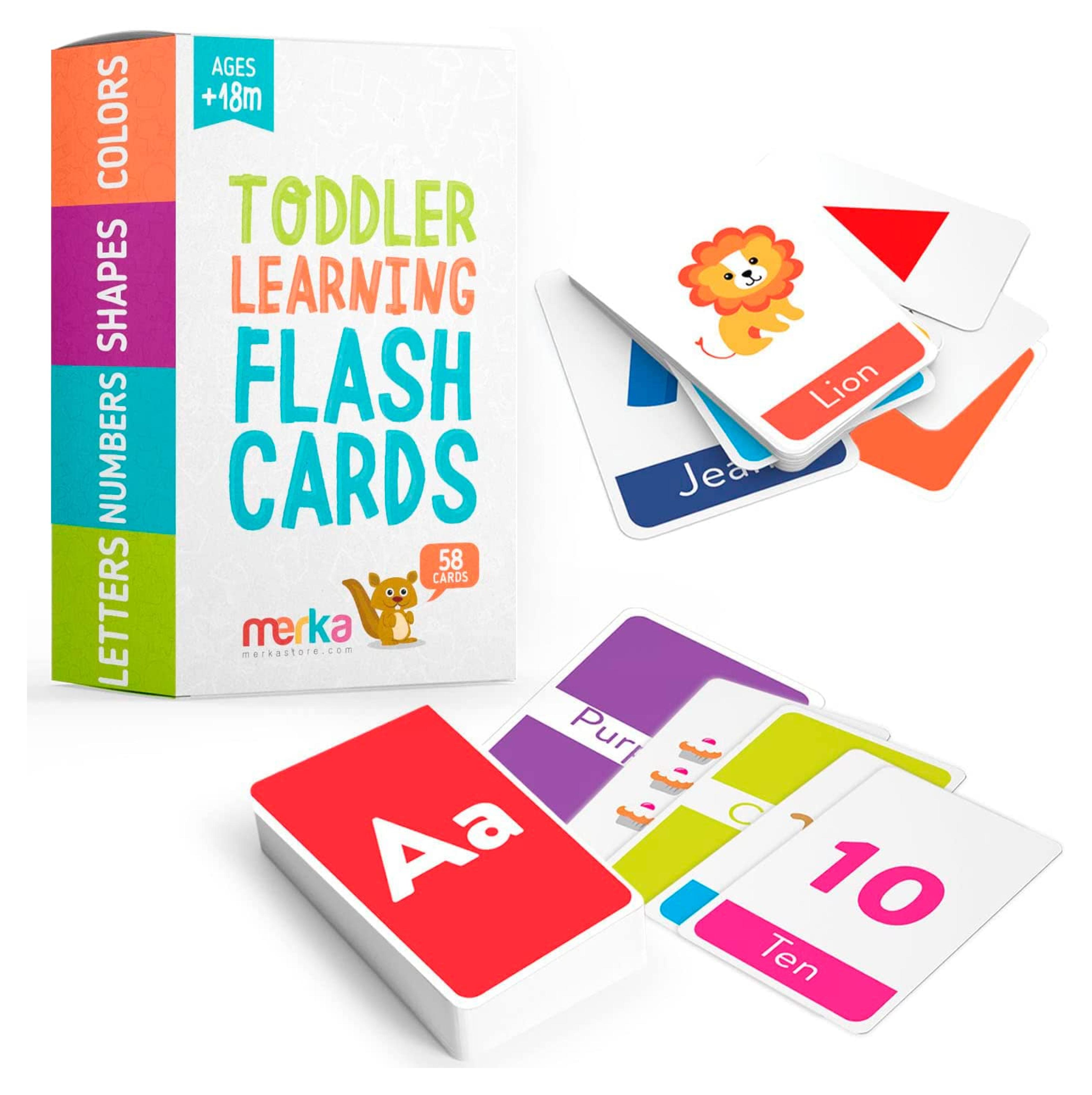 merka Large Alphabet Flash Cards for Toddlers 2-4 Years - Learn Colors Number Shapes Animals ABC Letters & Sight Words - Learning Toy Educational Preschool Toddler Flashcards - 58 Picture Cards 1. Toddler Learning