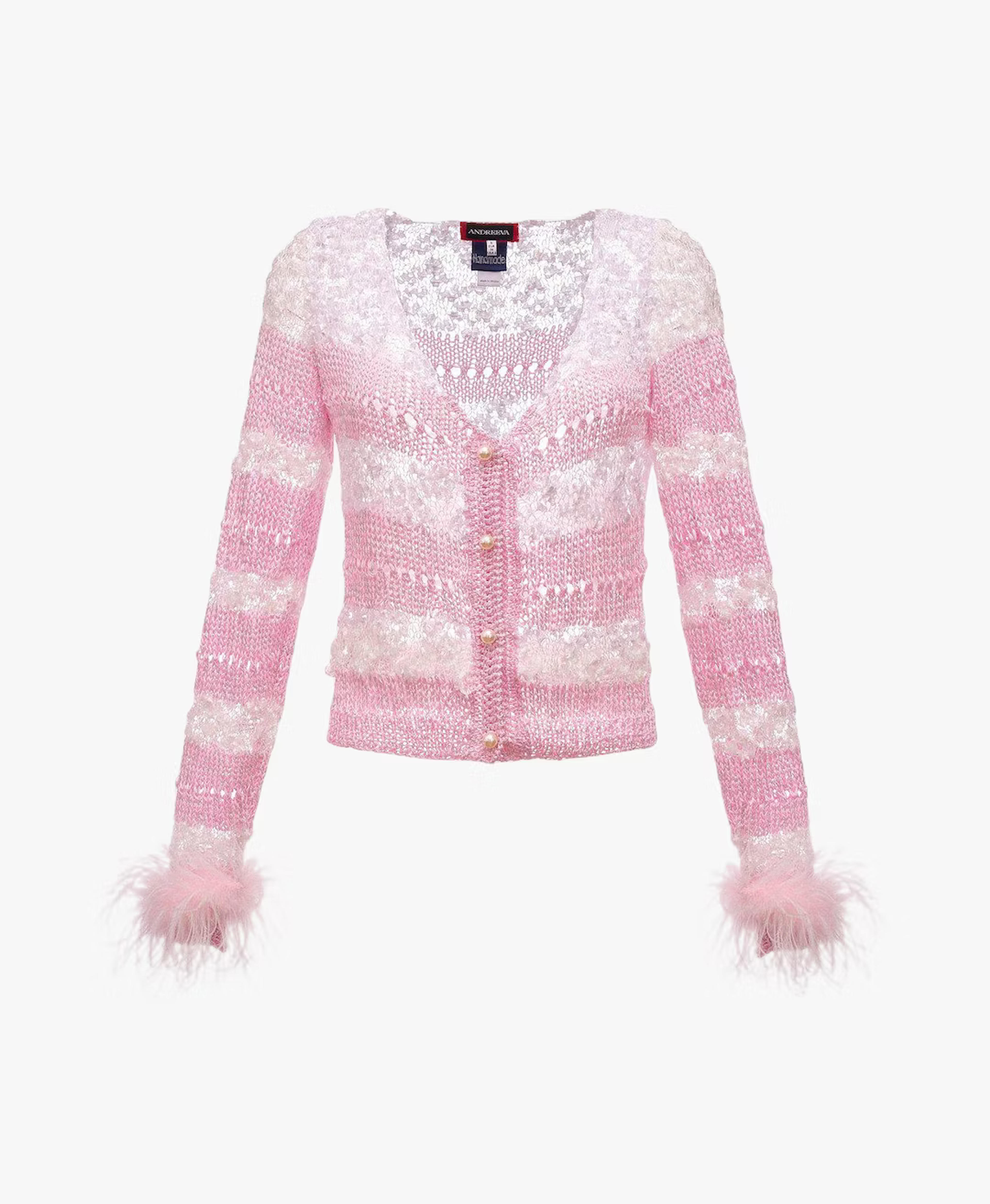 Buy Pink Handmade Knit Sweater With Detachable Feather Details On The Cuffs and Pearl Buttons by ANDREEVA - Cardigans | Seezona