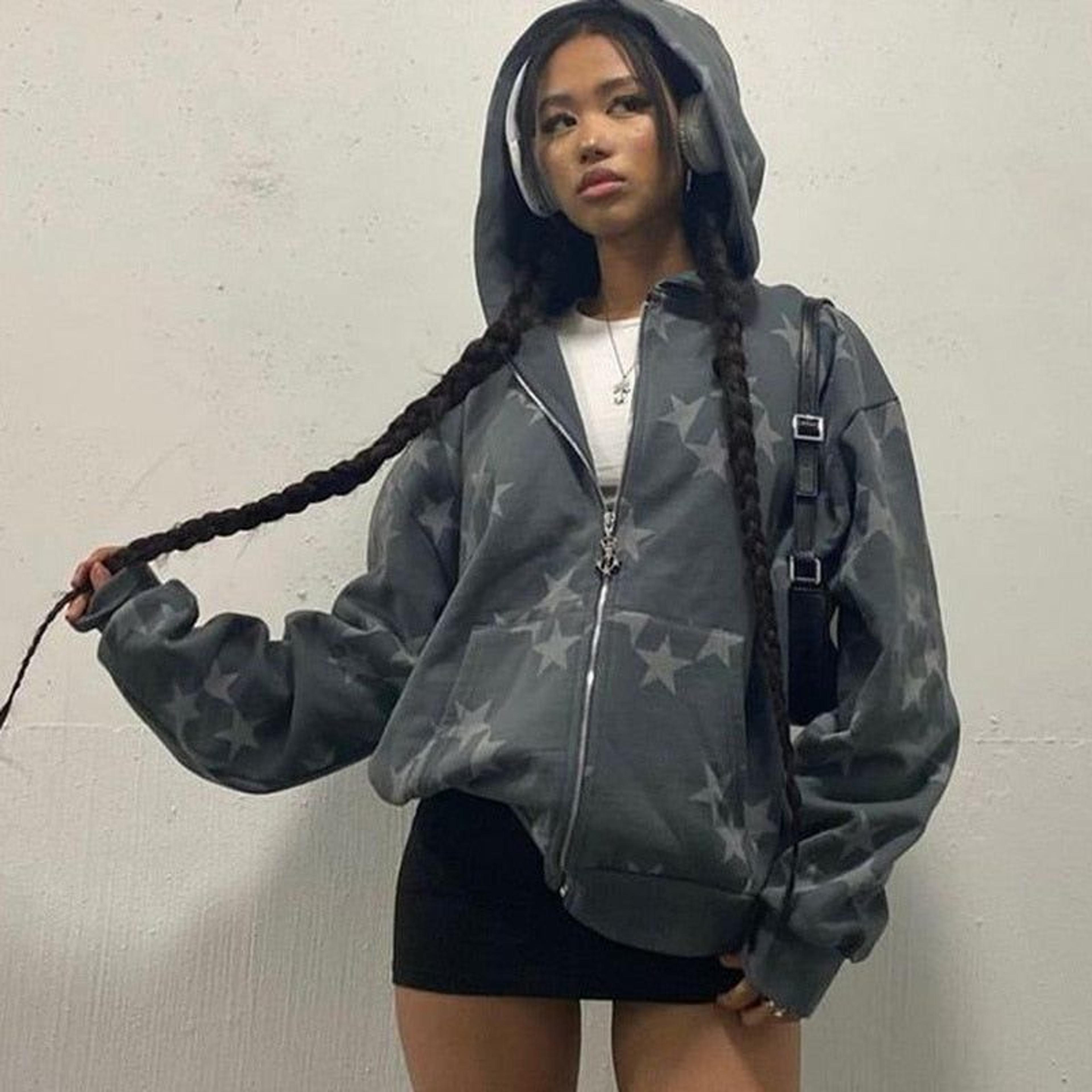 Hnewly Vintage Star Graphic Hoodies Jacket Y2K Oversized Long Sleeve Sweatshirt Streetwear Fashion Harajuku Print Pocket Zipper Hoodie - STM174-White / L