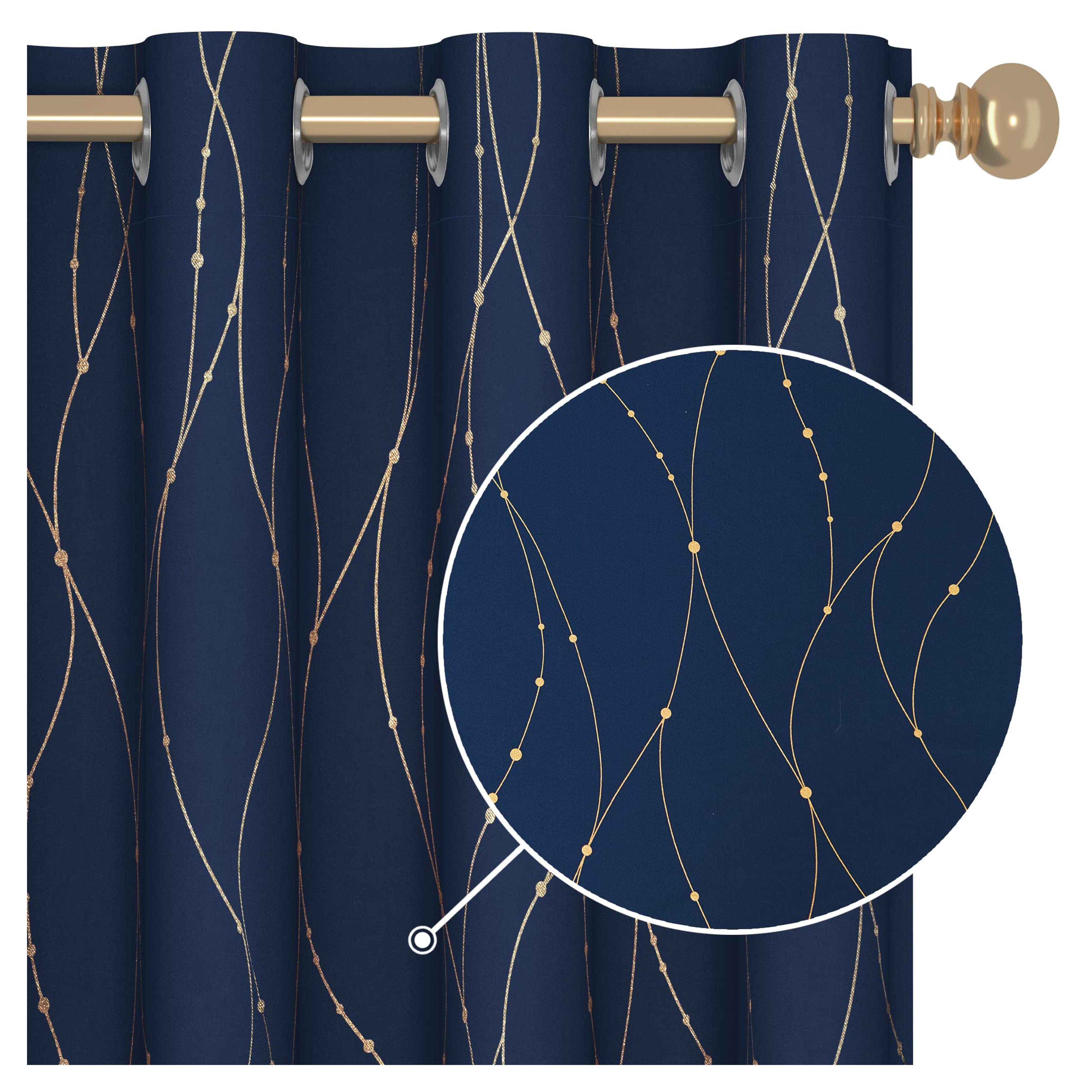 Deconovo Blackout Curtains & Drapes for Bedroom 84 Inch Length - Navy Blue and Gold Curtains with Pattern, Grommet Room Darkening Drapes for Living Room (52W x 84L Inch, Navy Blue, 2 Panels)