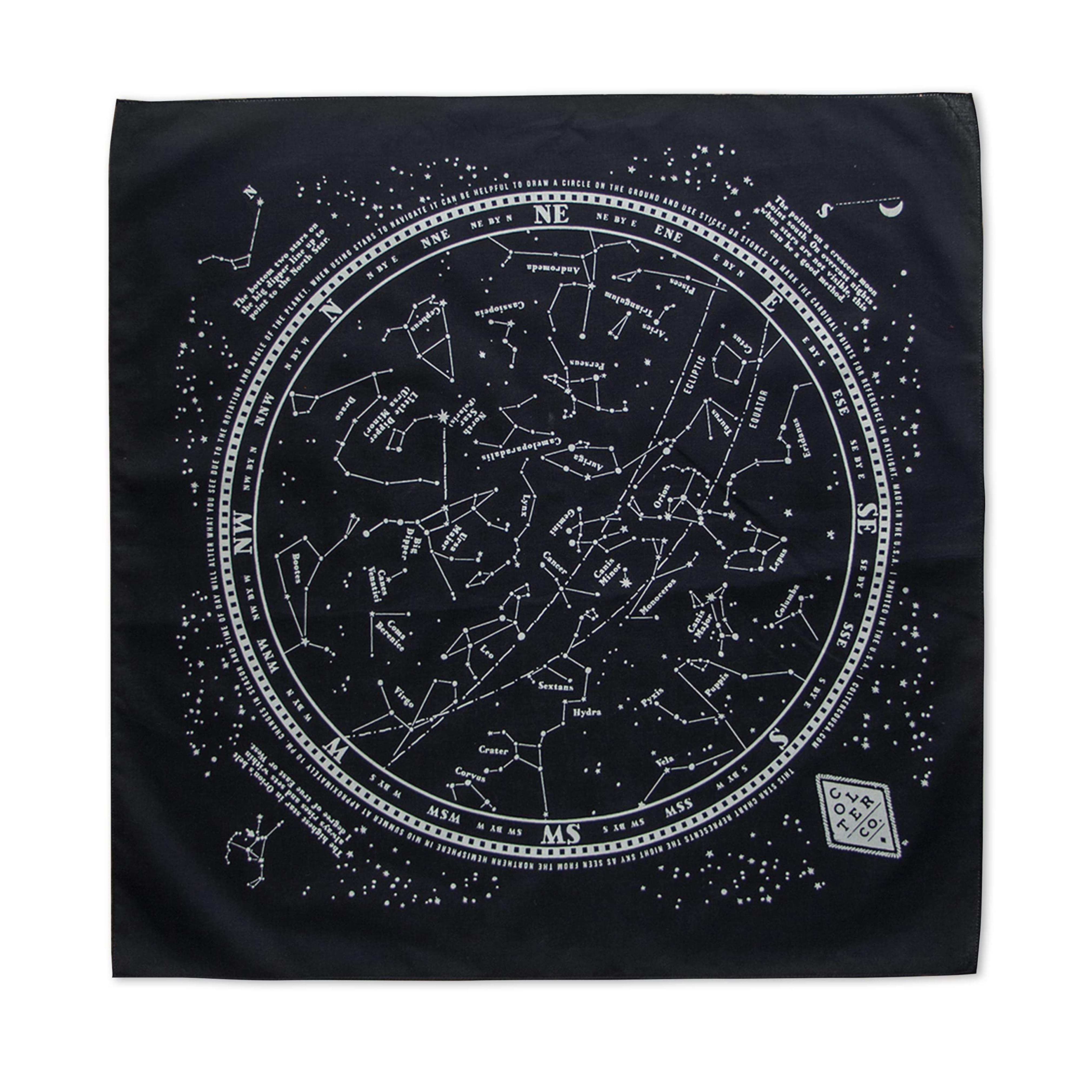 Amazon.com: Colter Co. Glow In The Dark "Stargazer" Bandana - 100% Cotton Black Bandana with Star Chart Design - Made In The USA (22" x 22") : Clothing, Shoes & Jewelry