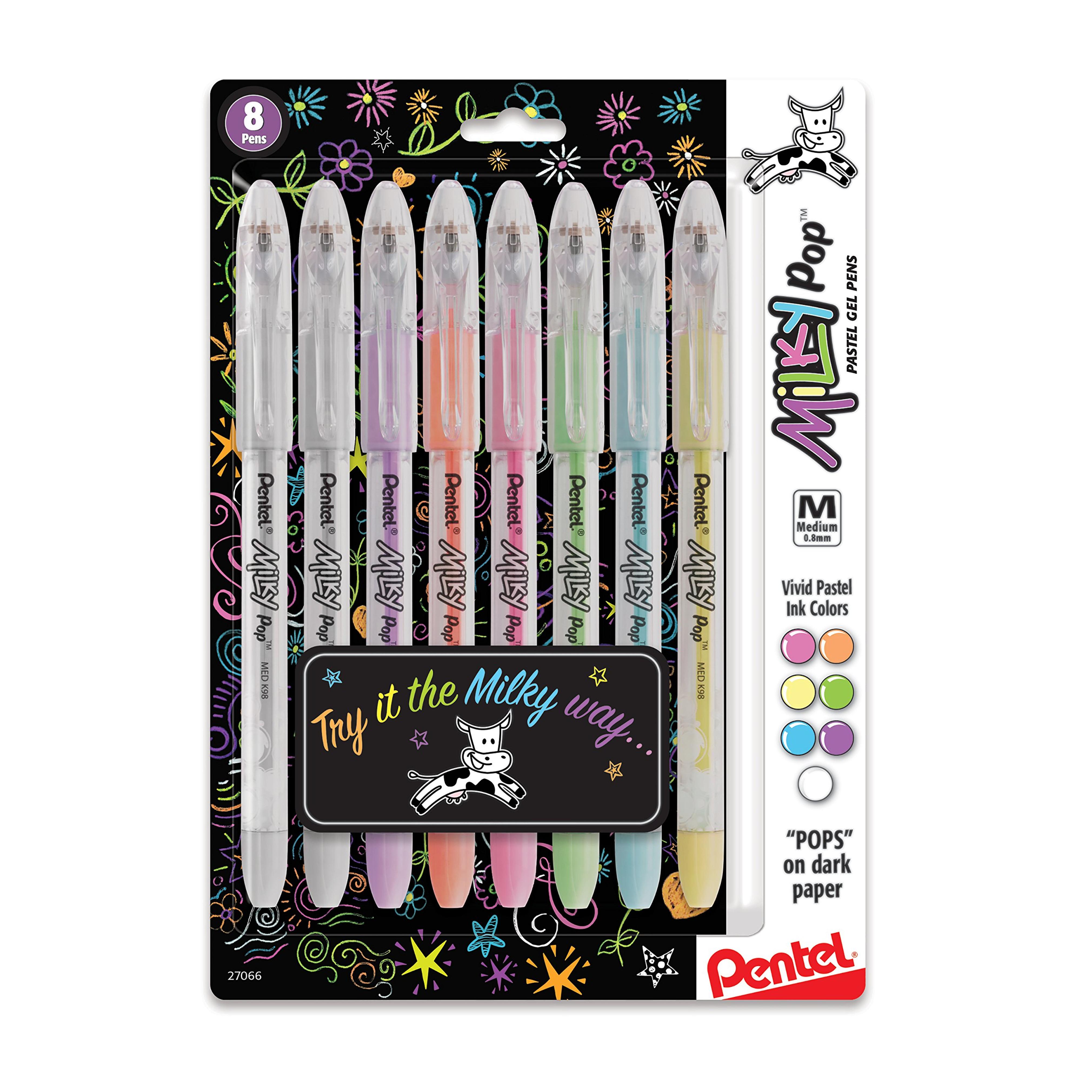 Pentel Milky Pop Pastel Gel Pen, 0.8mm Medium Line, Assorted Colors, Pack of 8 (K98BP8M)