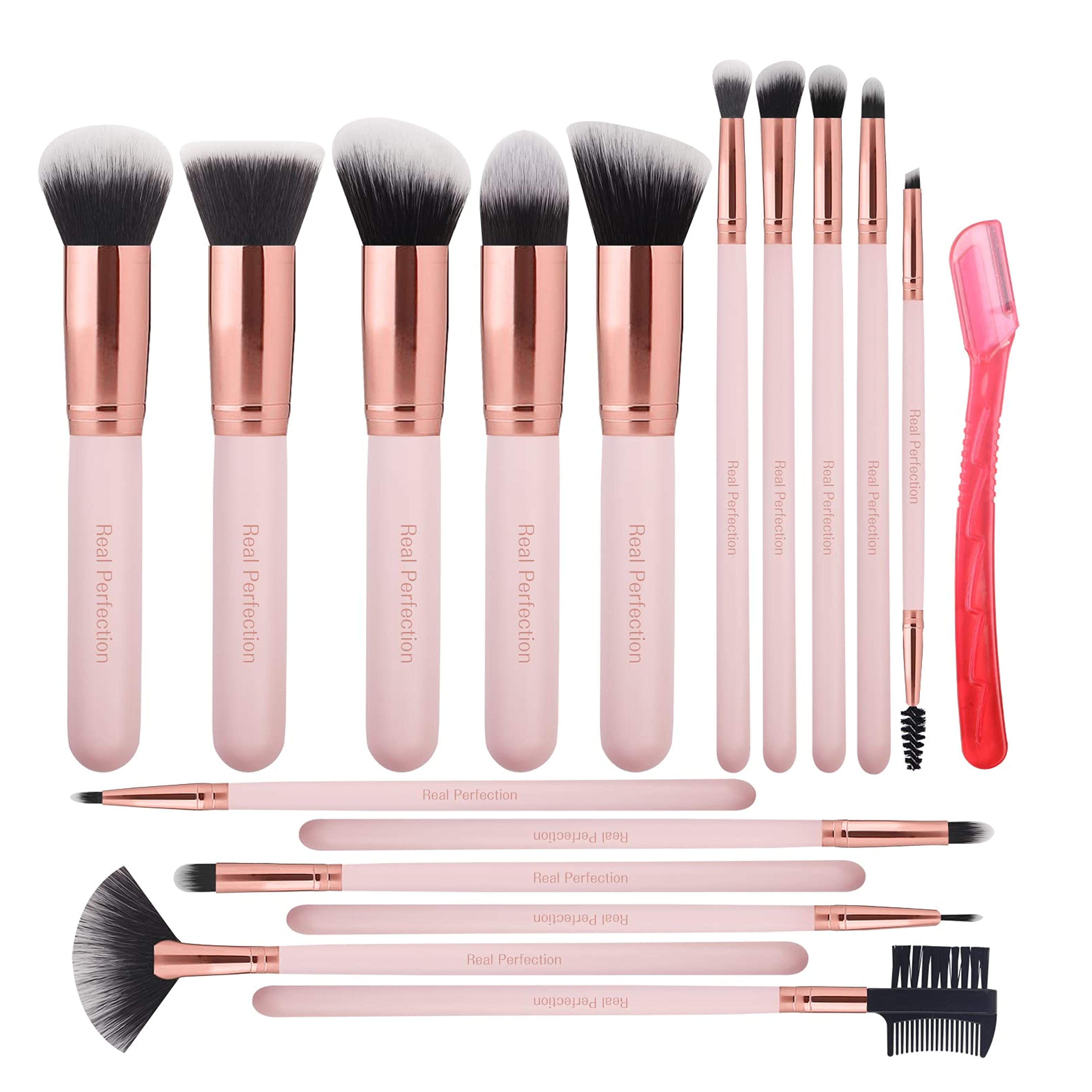 Limited-time deal: Real Perfection Makeup Brushes 16pcs Makeup Brushes Set with 1 Eyebrow Razor Premium Synthetic Foundation Brushes Blending Face Powder Eye Shadow Concealer Make Up Brushes Tool Kit