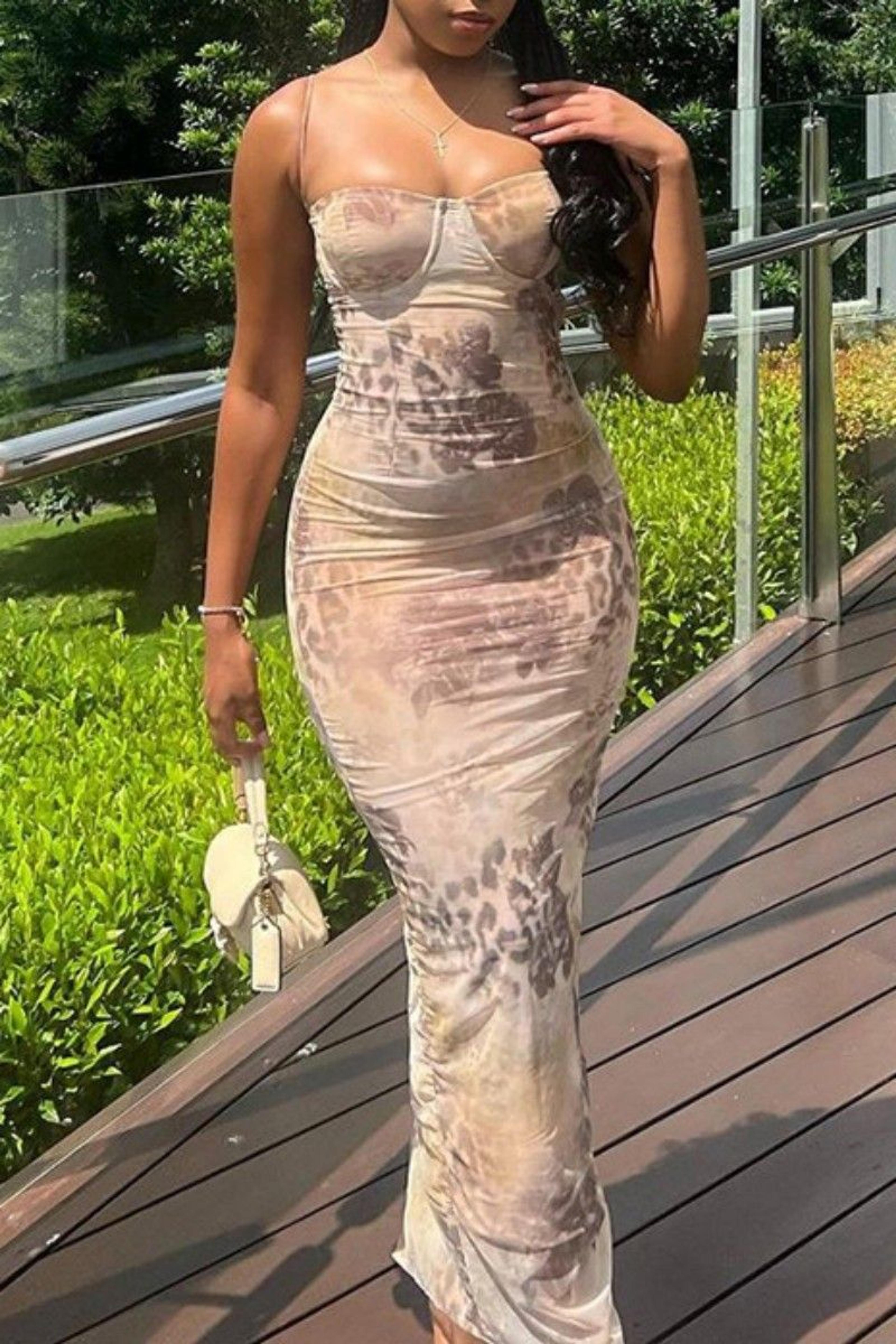 Khaki Sexy Casual Print Backless Slit Spaghetti Strap Long Dress Dresses