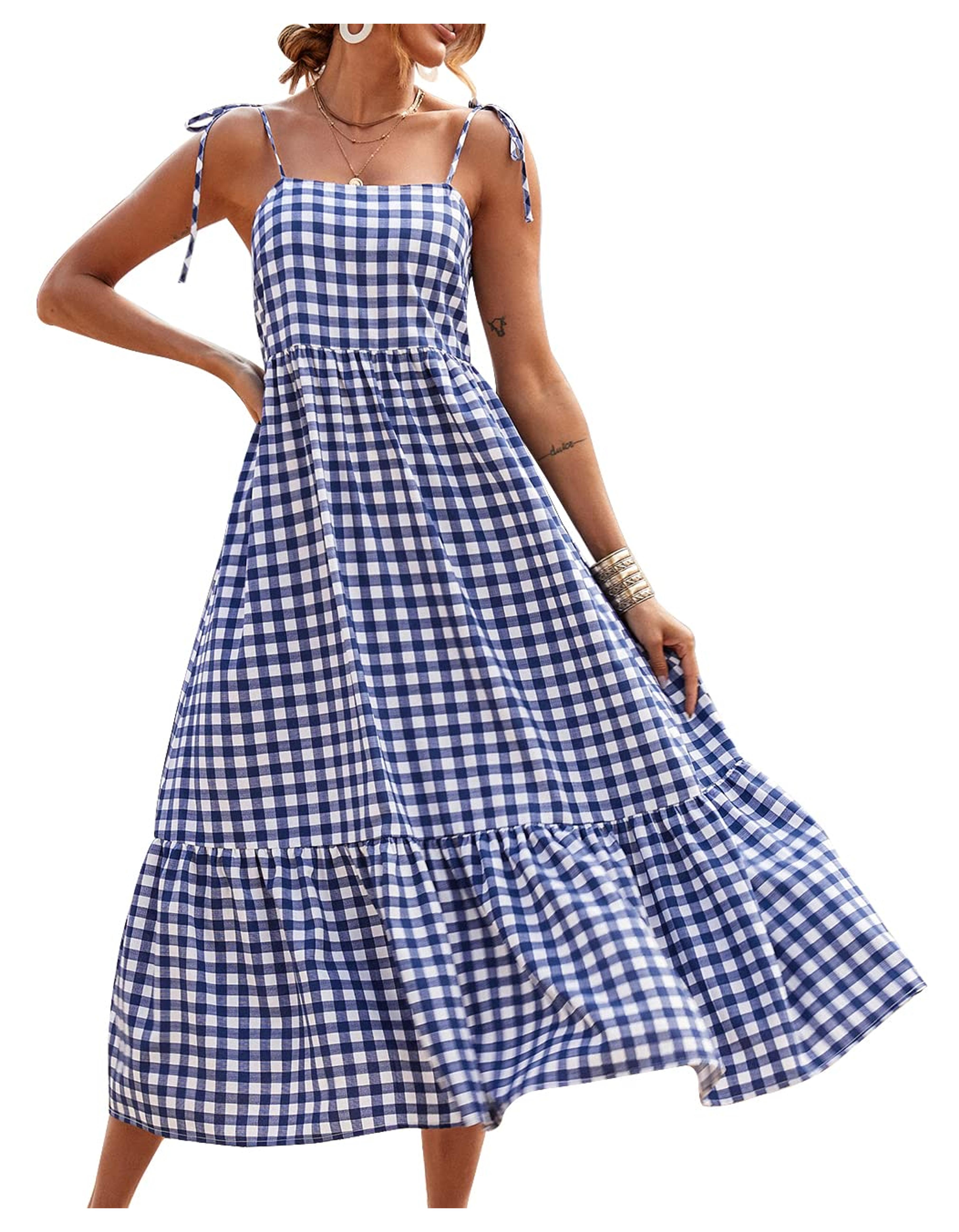 PRETTYGARDEN Summer Dress for Women Plaid Spaghetti Strap Square Neck Tiered Ruffle Flowy Maxi Dresses(Dark Blue,X-Large)